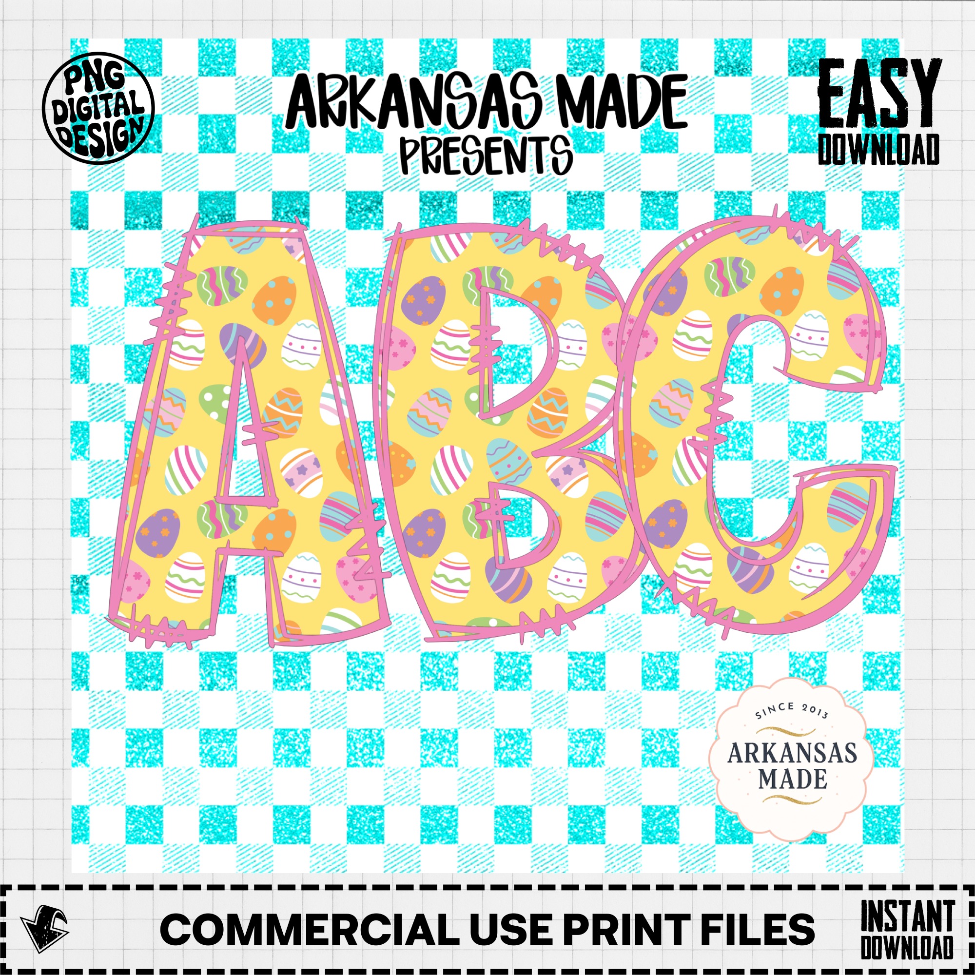 Easter ABC Alphabet Digital Download, Full A-Z Alpha Sublimation DTF PNGs, Spring Eggs Letters Bundle, Glitter Checkered Design - Image 3