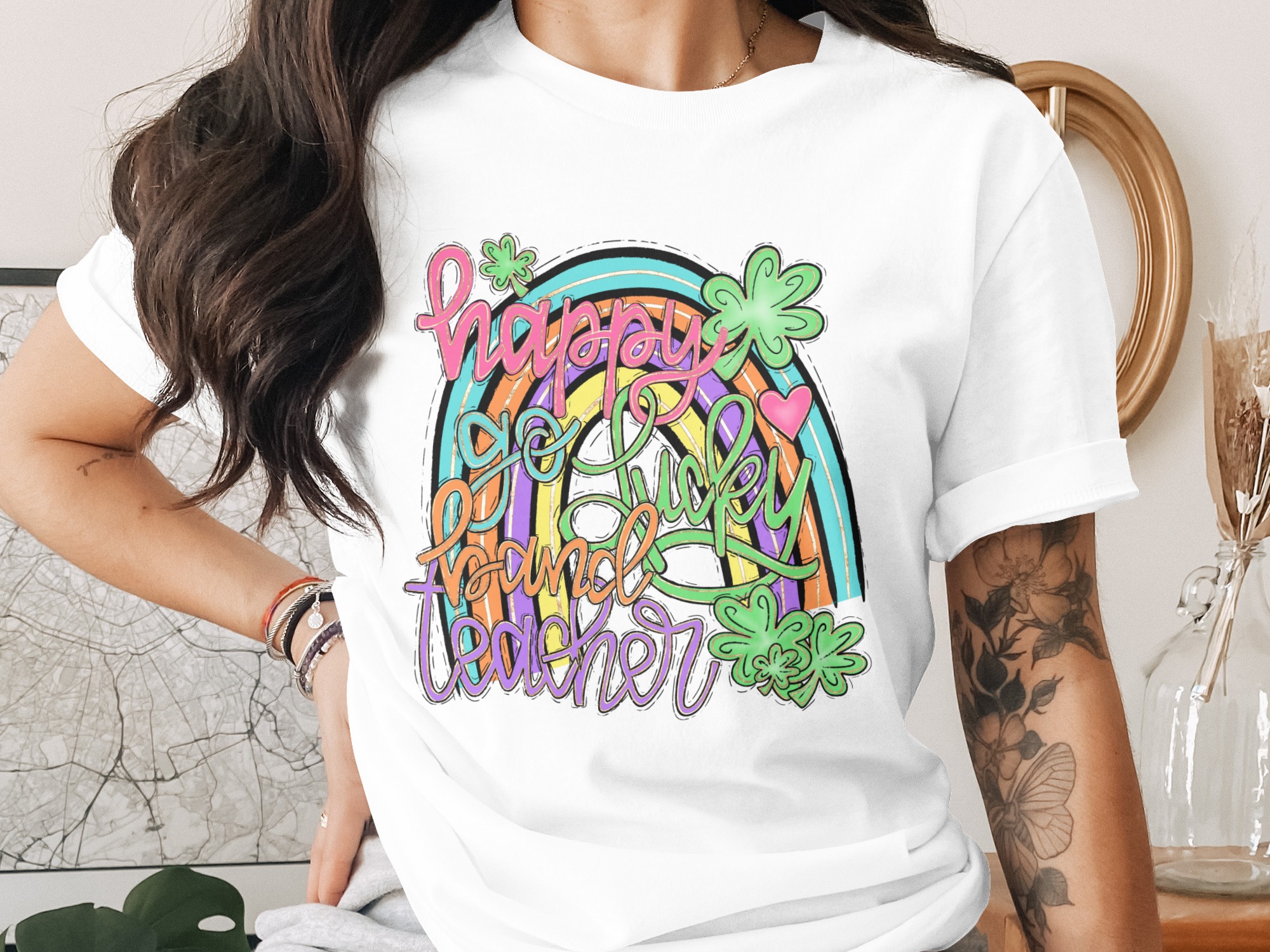 Happy Go Lucky Band Teacher PNG, St Patricks Day Digital Download, Teacher Sublimation DTF, Rainbow Clover Heart, Teacher Appreciation Gift