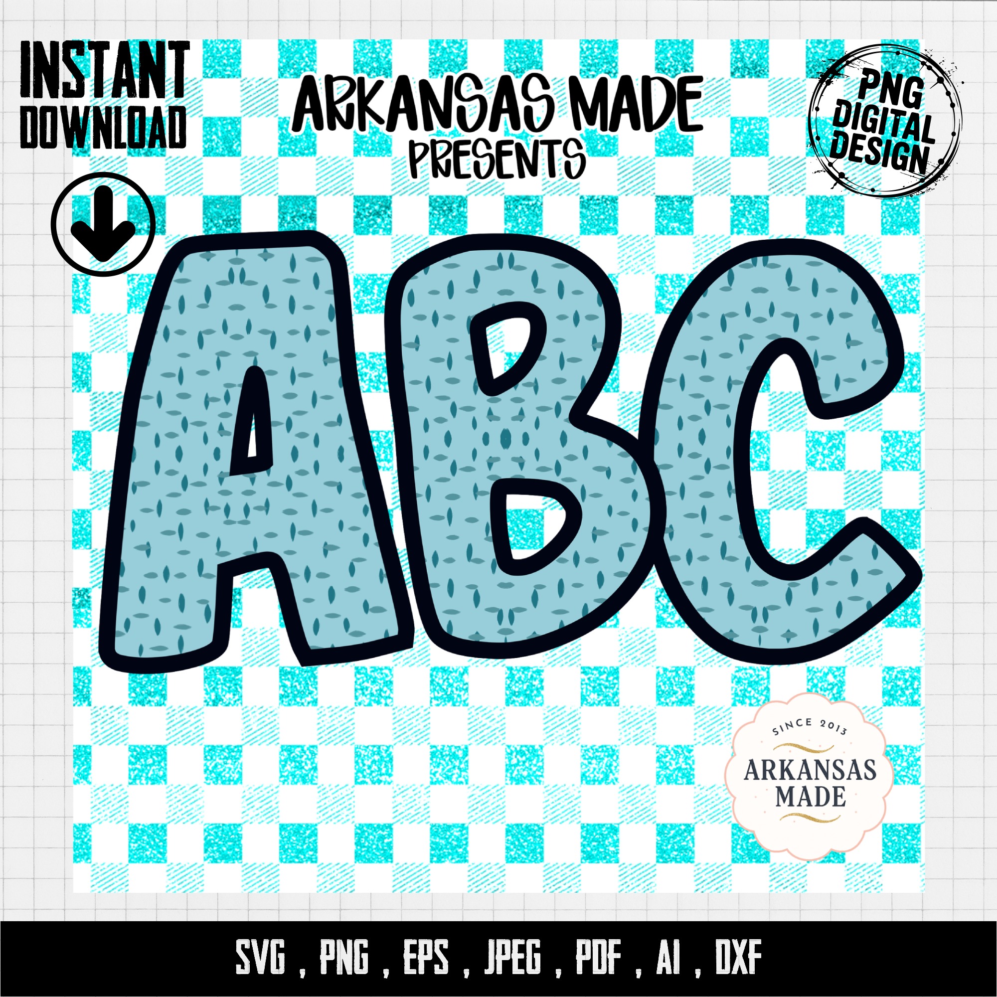 Teal Gingham ABC Letters Alphabet, Full A-Z Alpha Digital Download, Sublimation DTF PNGs Bundle, Nursery Decor, Crafting Font, Instant - Image 4