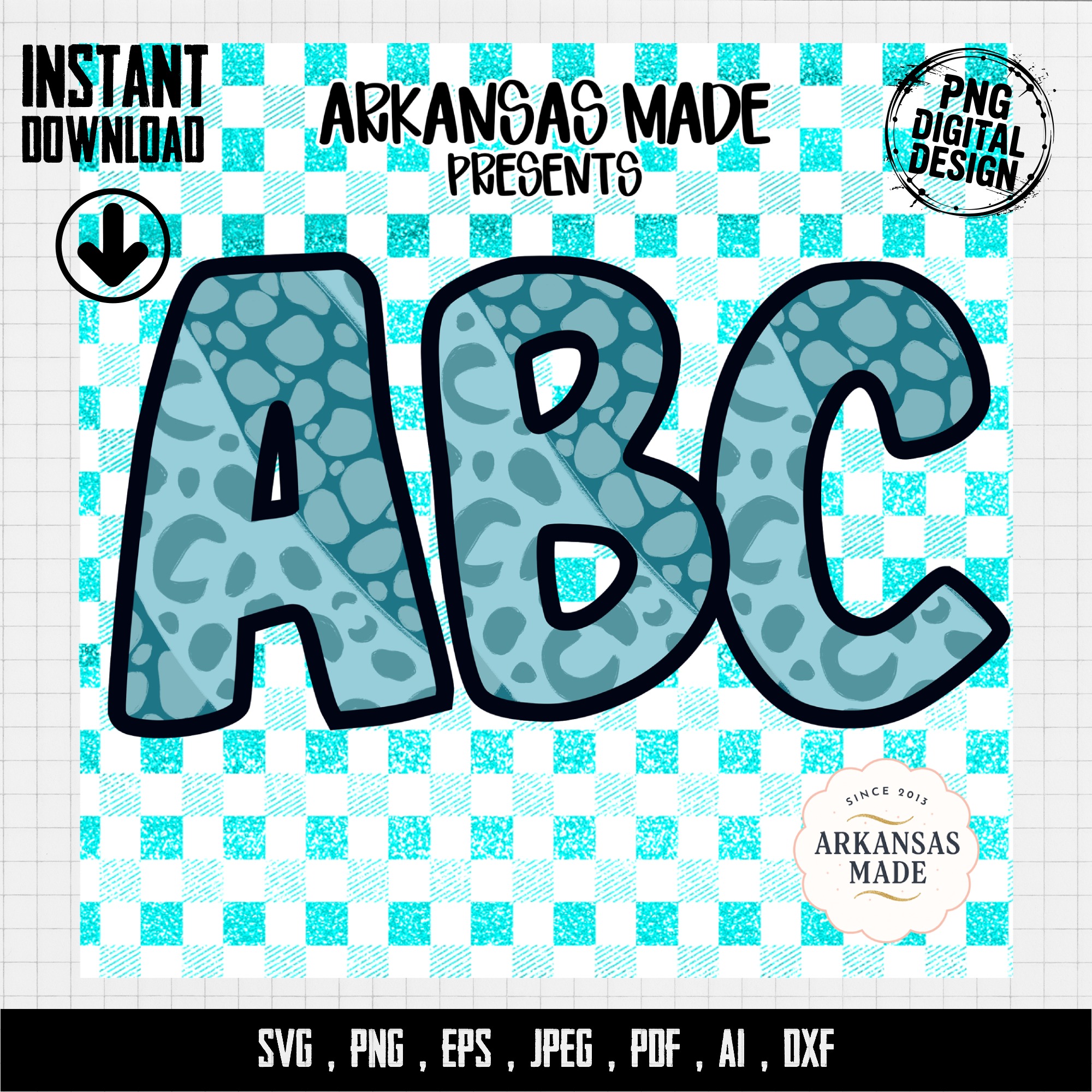 Teal Leopard Spot ABC Alphabet, Full A-Z Digital Download, Sublimation DTF PNGs, Aqua Gingham Checkered Letters - Image 4
