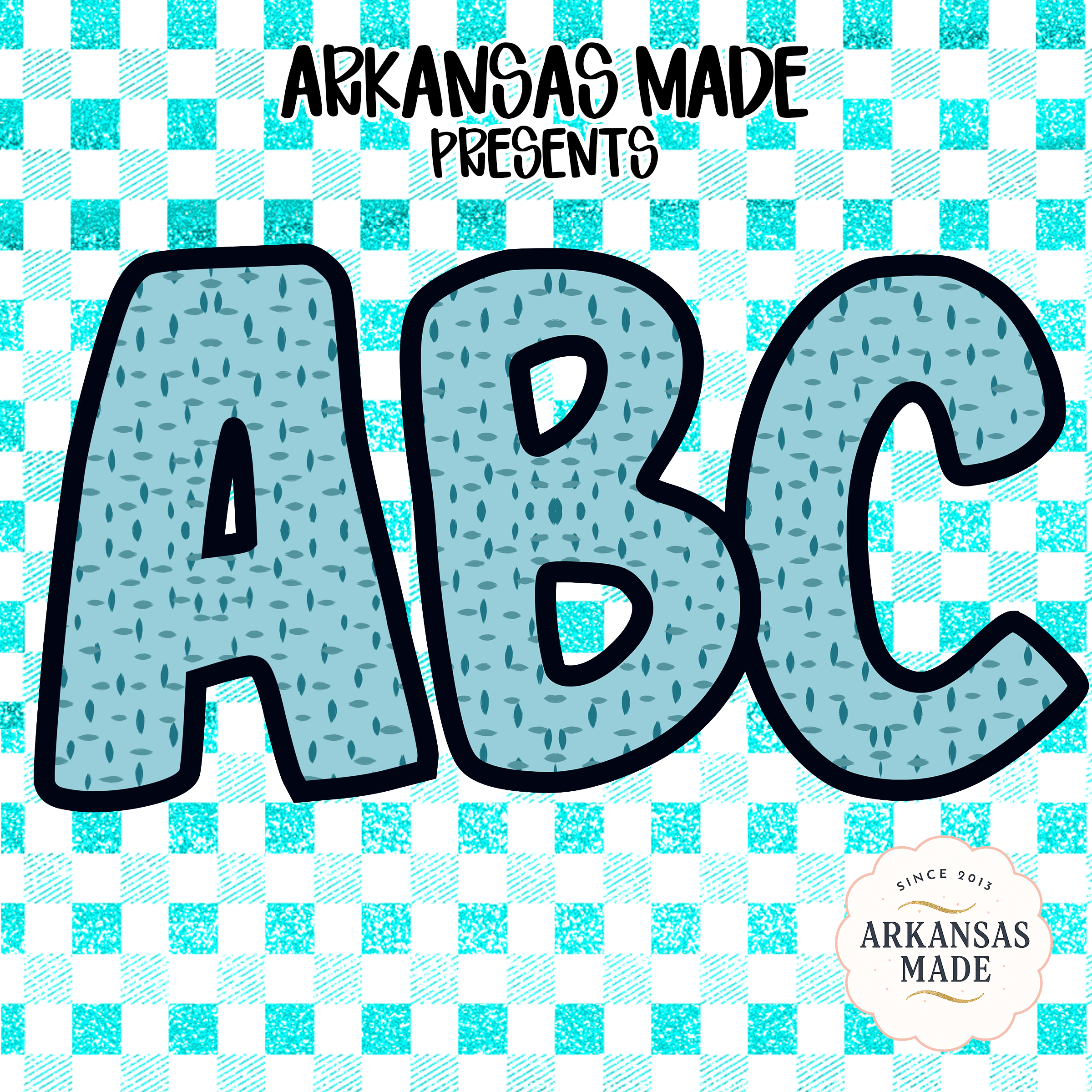 Teal Gingham ABC Letters Alphabet, Full A-Z Alpha Digital Download, Sublimation DTF PNGs Bundle, Nursery Decor, Crafting Font, Instant
