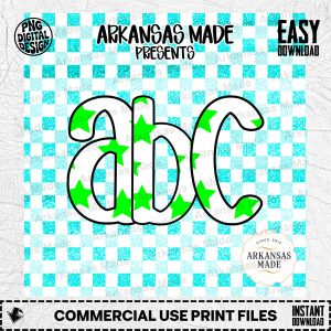 Green Star Alpha Set Digital Download, Aqua Glitter Gingham Alphabet Letters PNG, Preppy Cheerful Kids ABC Clipart for Sublimation & Crafts