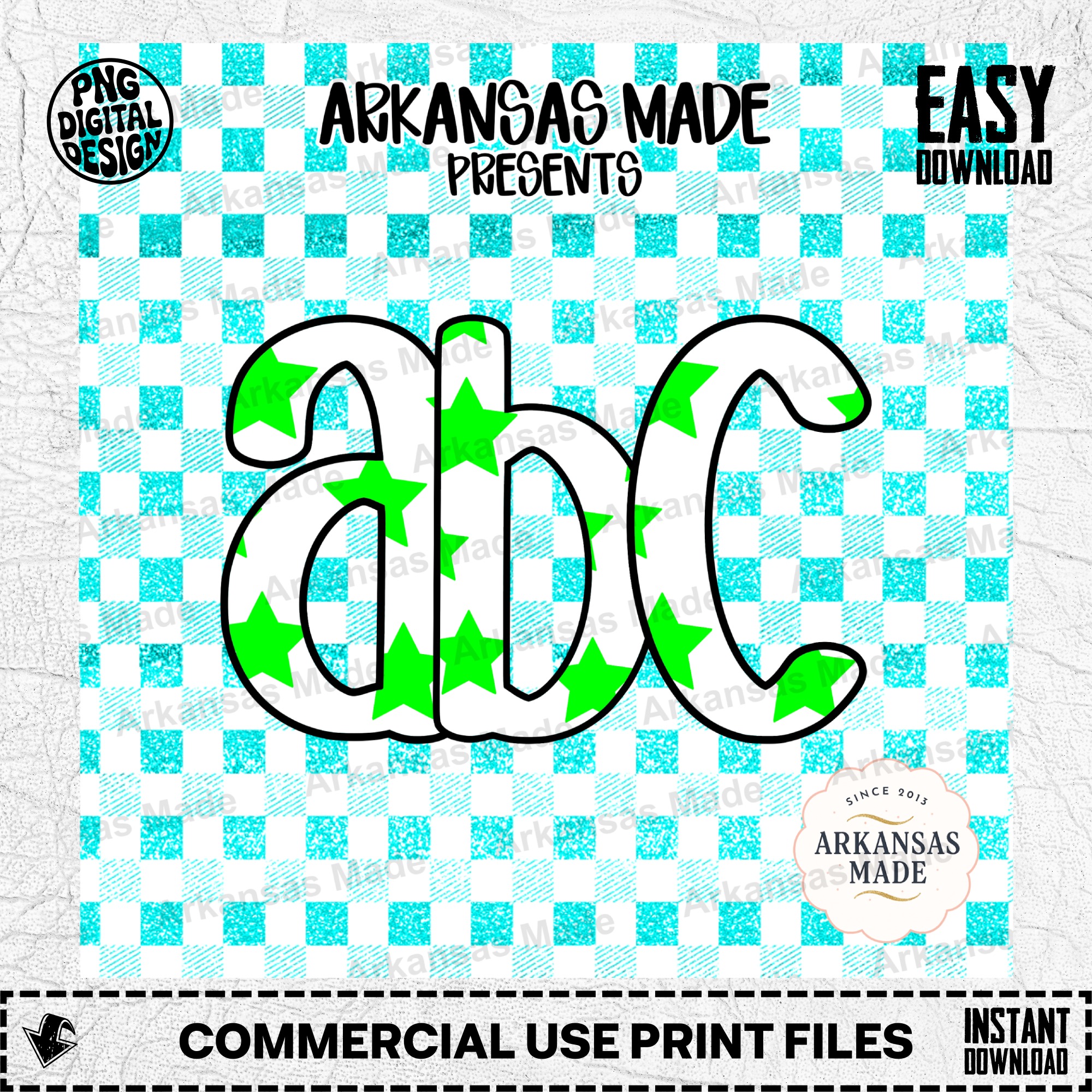Green Star Alpha Set Digital Download, Aqua Glitter Gingham Alphabet Letters PNG, Preppy Cheerful Kids ABC Clipart for Sublimation & Crafts