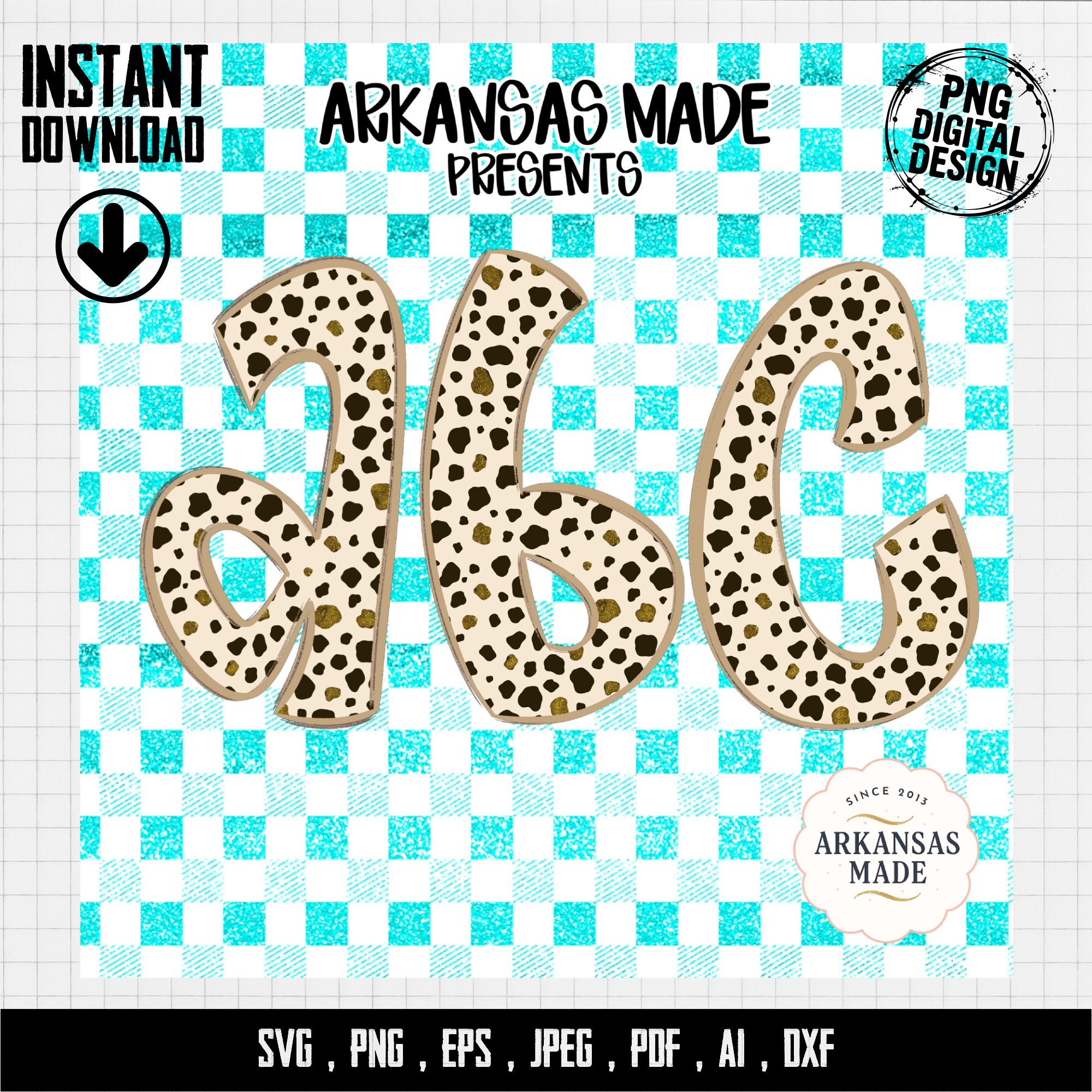 Cow Print Glitter Alphabet Letters, Full A-Z Alpha Digital Download, Dalmatian Spot ABC, Teal Gingham Plaid Sublimation DTF PNGs Bundle - Image 4