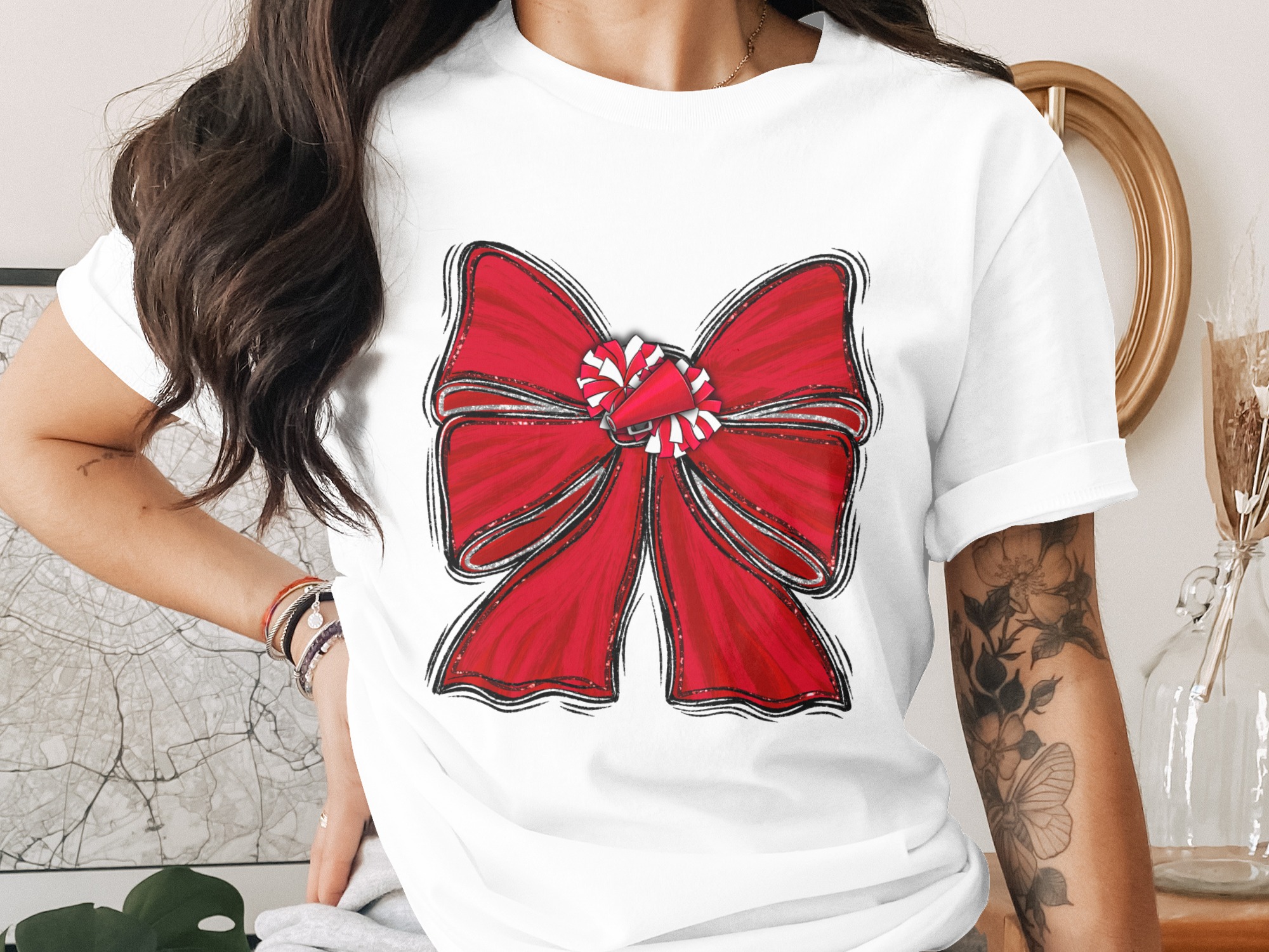 Red Cheer Bow PNG, Megaphone and Pom Pom Sublimation, Glitter School Spirit Digital Download, Distressed DTF Design, Team Sports Graphic