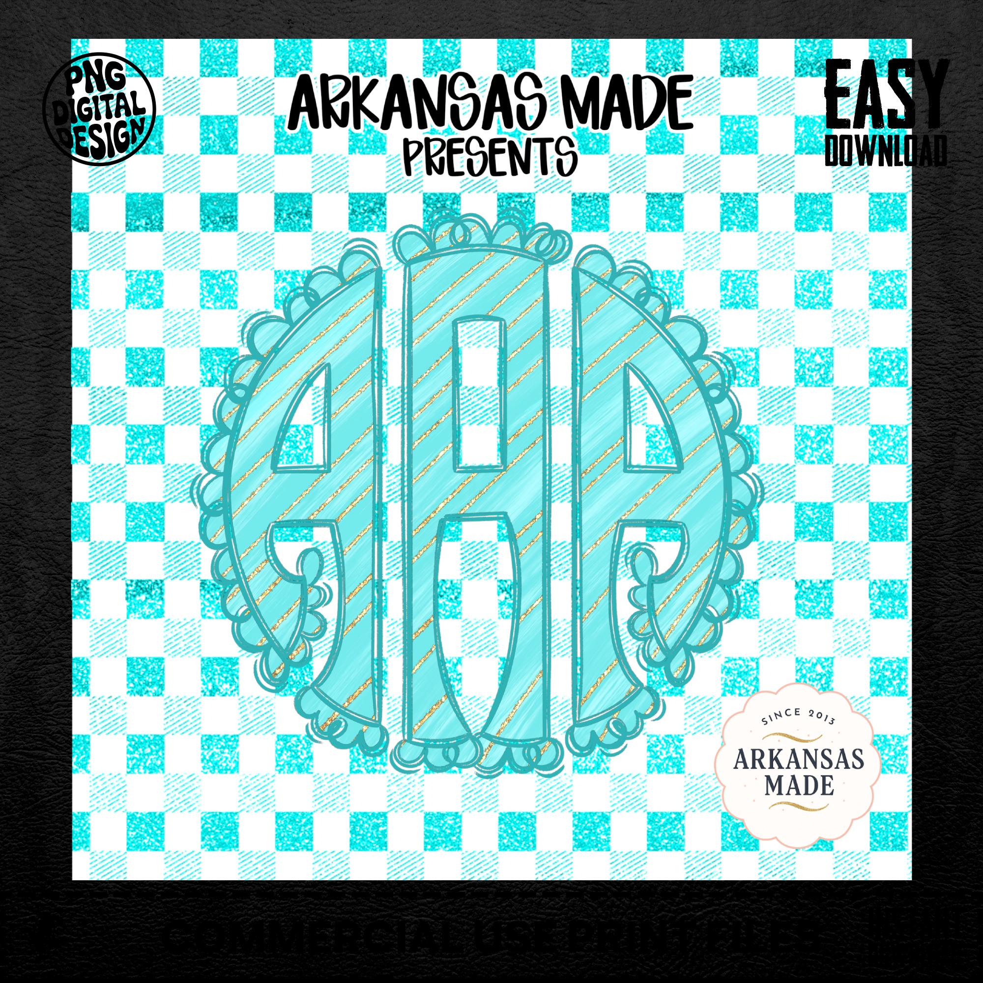 Teal Painted Glitter Scallop Monogram Sublimation PNG, DTF Digital Download, Buffalo Plaid Gingham Initial Custom Design - Image 5