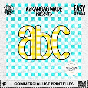 Gingham Alphabet PNG, Aqua Yellow Glitter Alpha Set, Checkerboard Letters Digital Download, Teacher Sublimation Design, Nursery Decor