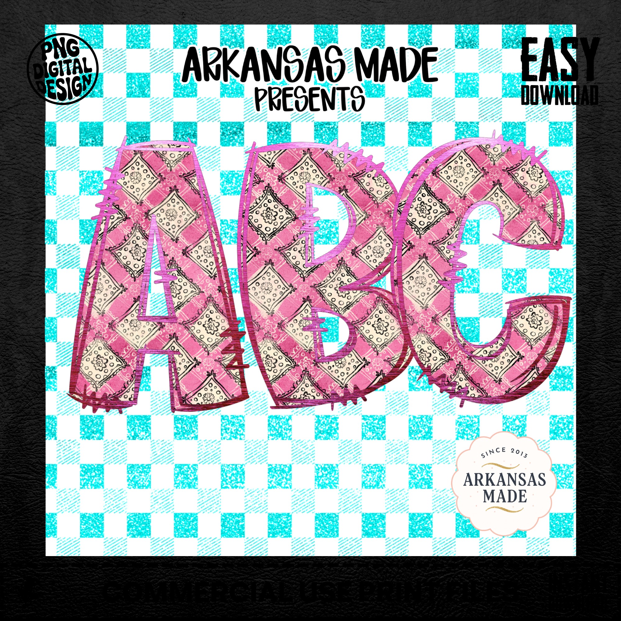 Pink Bandana Alphabet PNG, Teal Gingham Distressed Alpha, Full A-Z Digital Download, Sublimation DTF Letters, Shabby Chic - Image 5