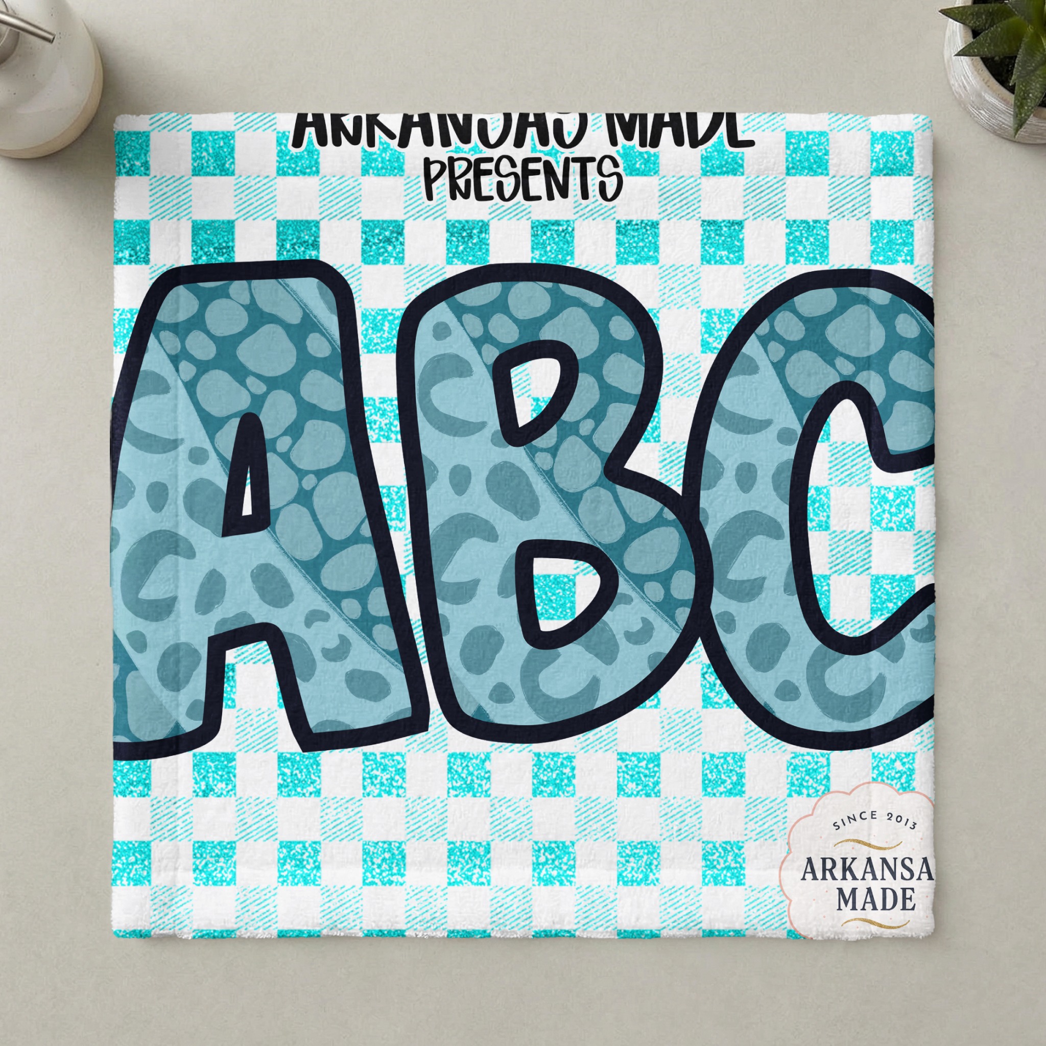 Teal Leopard Spot ABC Alphabet, Full A-Z Digital Download, Sublimation DTF PNGs, Aqua Gingham Checkered Letters - Image 6