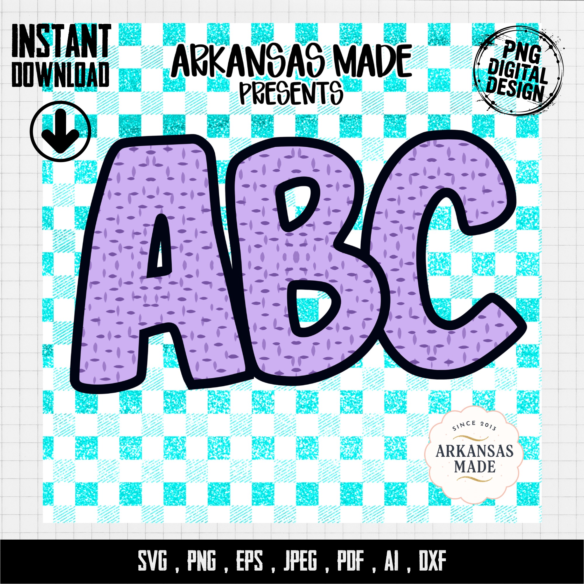 Digital, Digital Download Full A-Z Alpha, Sublimation DTF PNGs, Lavender Textured ABC Alphabet, Turquoise Gingham Checkered Design, Crafting - Image 4