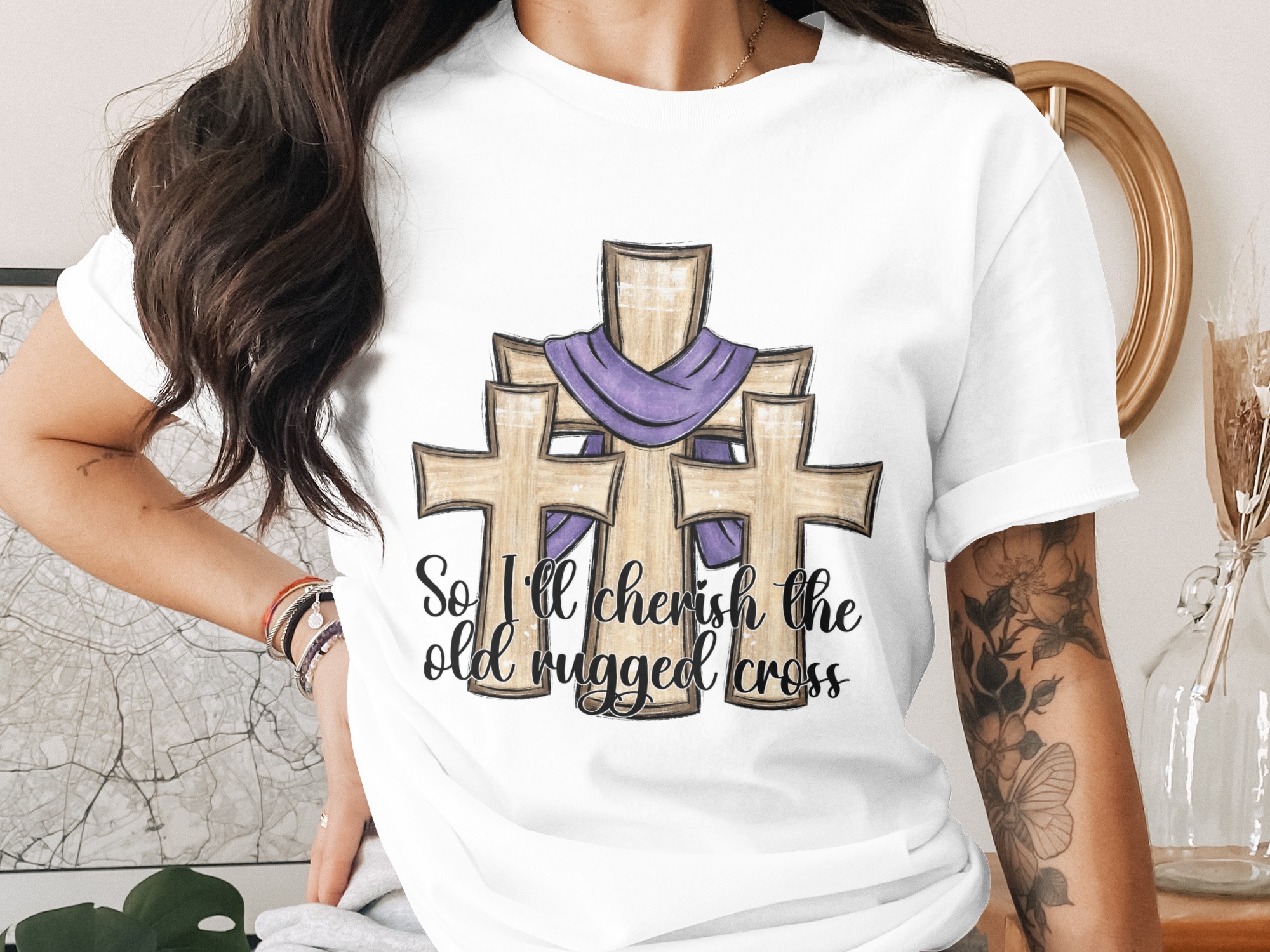 So I'll Cherish The Old Rugged Cross Digital Download Sublimation DTF PNG, Three Wooden Crosses, Christian Faith Religious Art, Easter