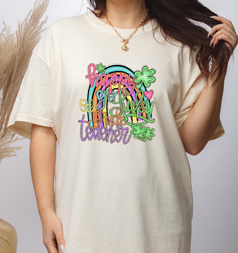 Happy Lucky 5th Grade Teacher T-Shirt, St Patrick's Day Rainbow PNG Sublimation, Fifth Grade Gift, Lucky Charm, Elementary Tee - Image 2