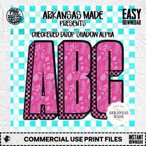 Digital Alpha Set Pink Floral Checkered Letters PNG | Teal Glitter Drop Shadow Alphabet Bundle | Y2K Retro Font Sublimation Crafts