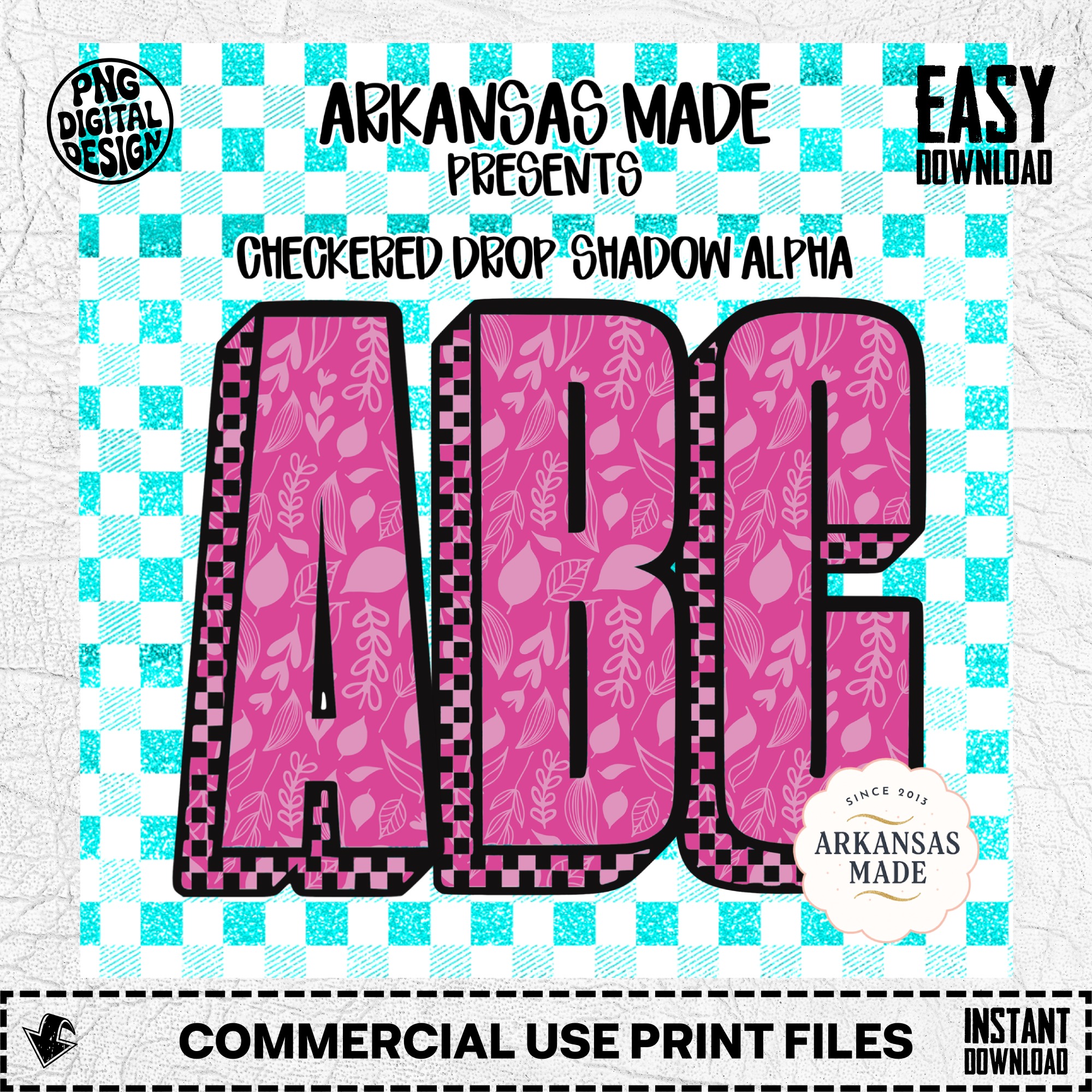 Digital Alpha Set Pink Floral Checkered Letters PNG | Teal Glitter Drop Shadow Alphabet Bundle | Y2K Retro Font Sublimation Crafts