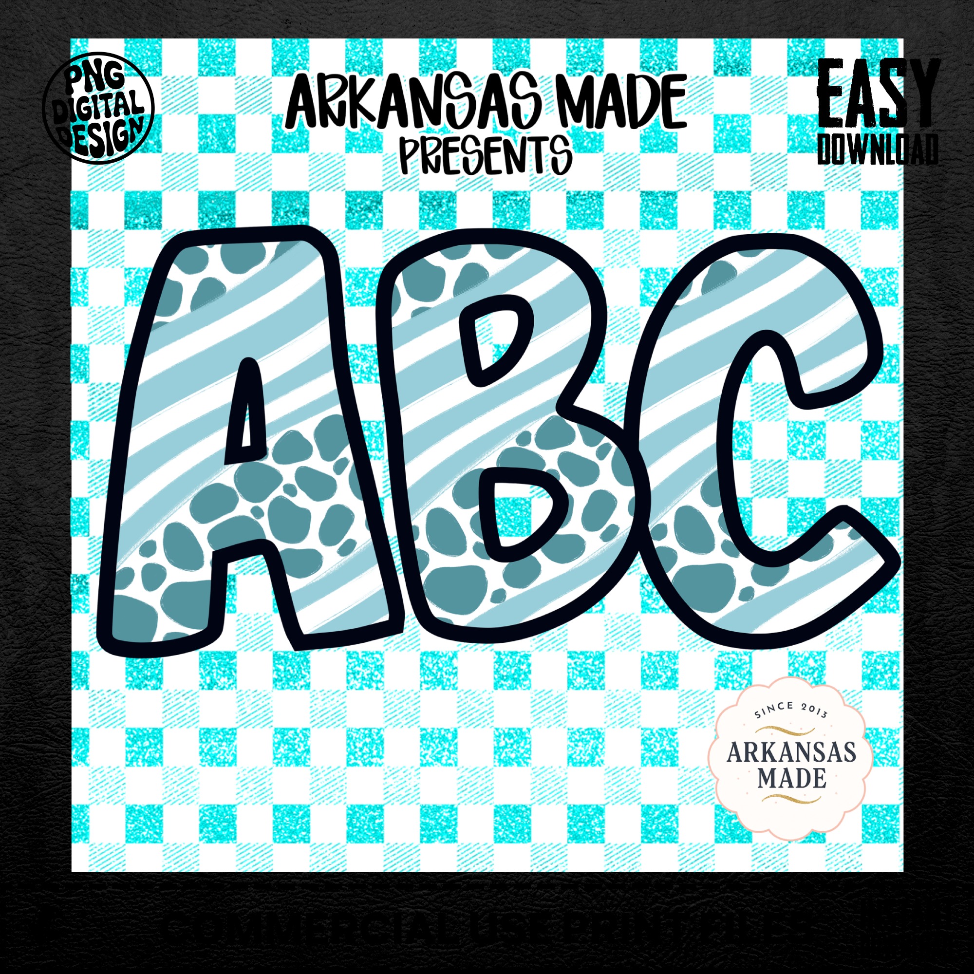 Digital Download Full A-Z Alpha Sublimation DTF PNGs, Teal Gingham Alphabet, Buffalo Plaid, Aqua Stripes and Spots ABC - Image 5