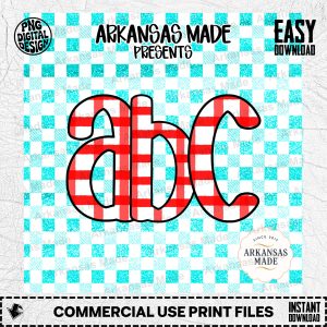 Red Gingham Buffalo Plaid ABC Digital Download Alpha Set with Faux Teal Glitter Background | Rustic Farmhouse Letters Font SVG PNG