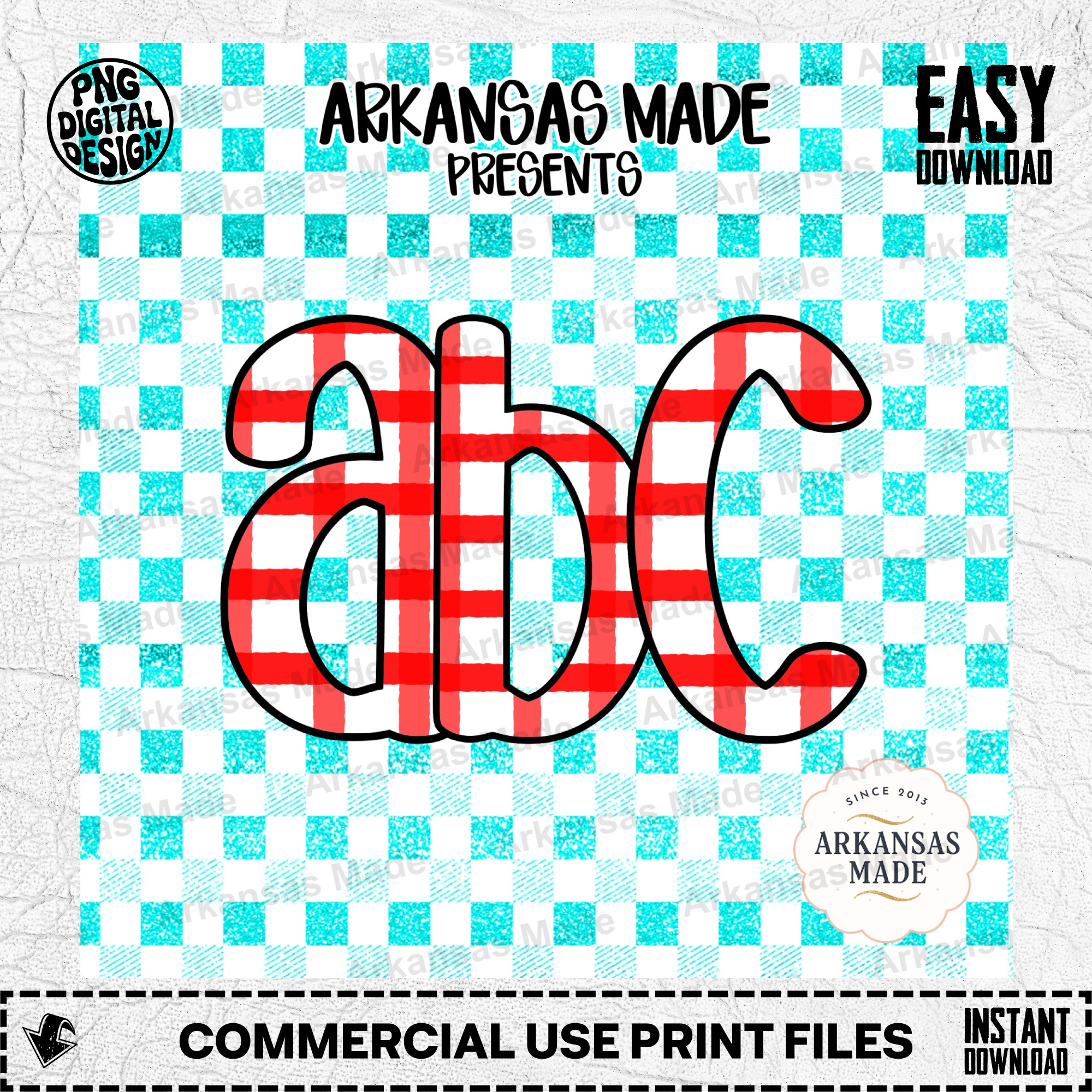 Red Gingham Buffalo Plaid ABC Digital Download Alpha Set with Faux Teal Glitter Background | Rustic Farmhouse Letters Font SVG PNG