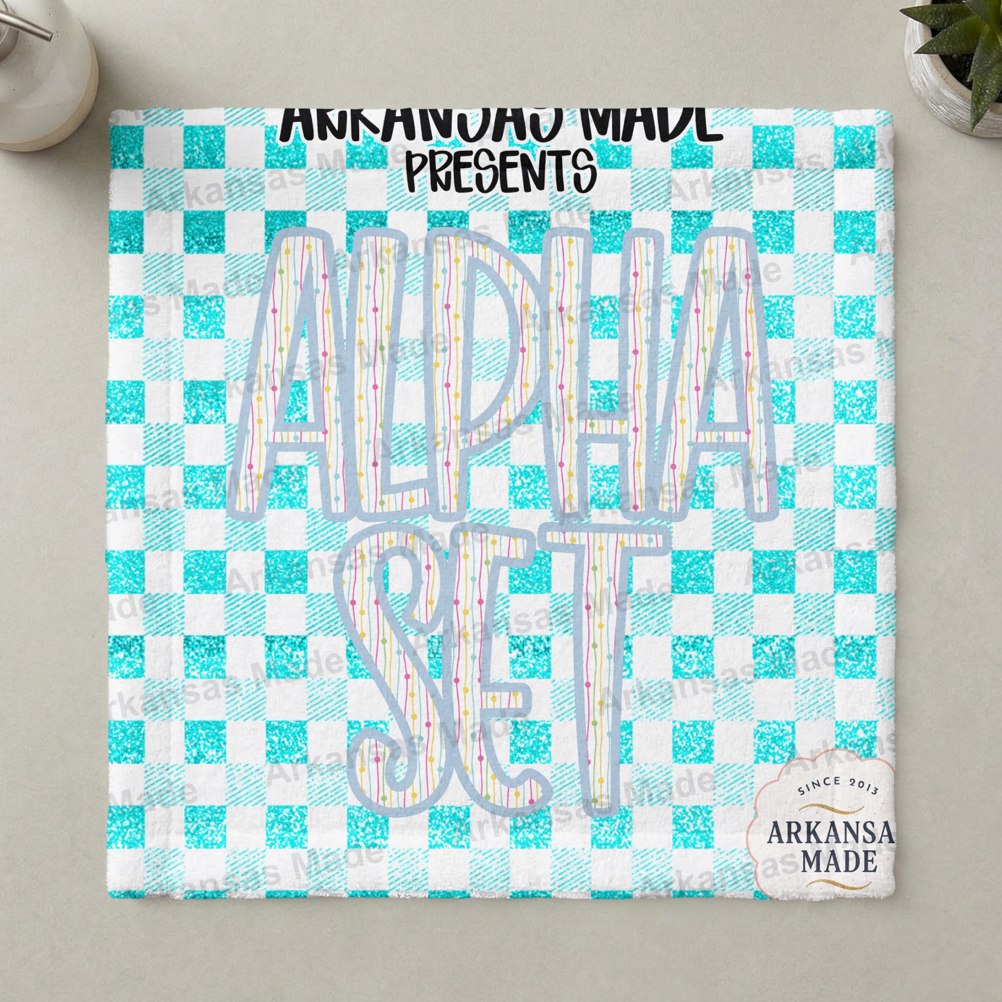 Digital Alphabet Set Aqua Gingham Alpha Download, Faux Glitter Dotted Line Letters PNG, Playful Sublimation Font Design - Image 3
