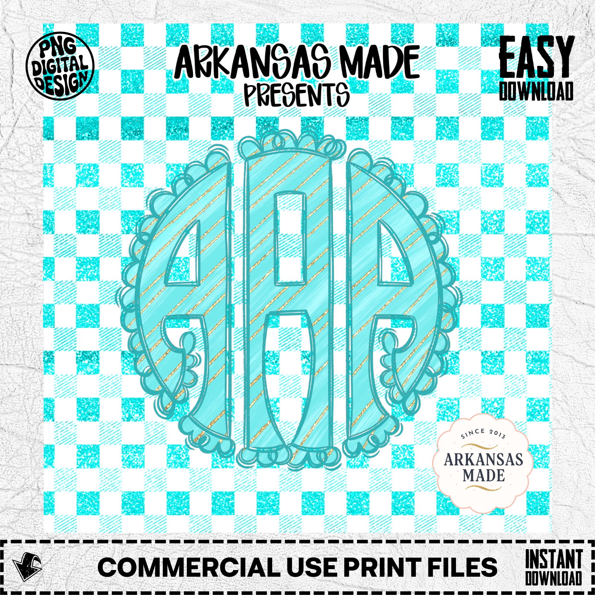 Teal Painted Glitter Scallop Monogram Sublimation PNG, DTF Digital Download, Buffalo Plaid Gingham Initial Custom Design - Image 2