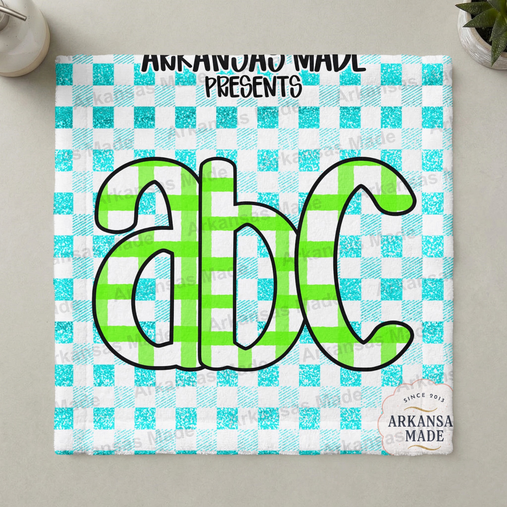Digital Download Alpha Set, Green Gingham ABC Letters, Aqua Glitter Plaid Font PNG, Custom Initial Monogram Clipart, Crafting Supply - Image 3