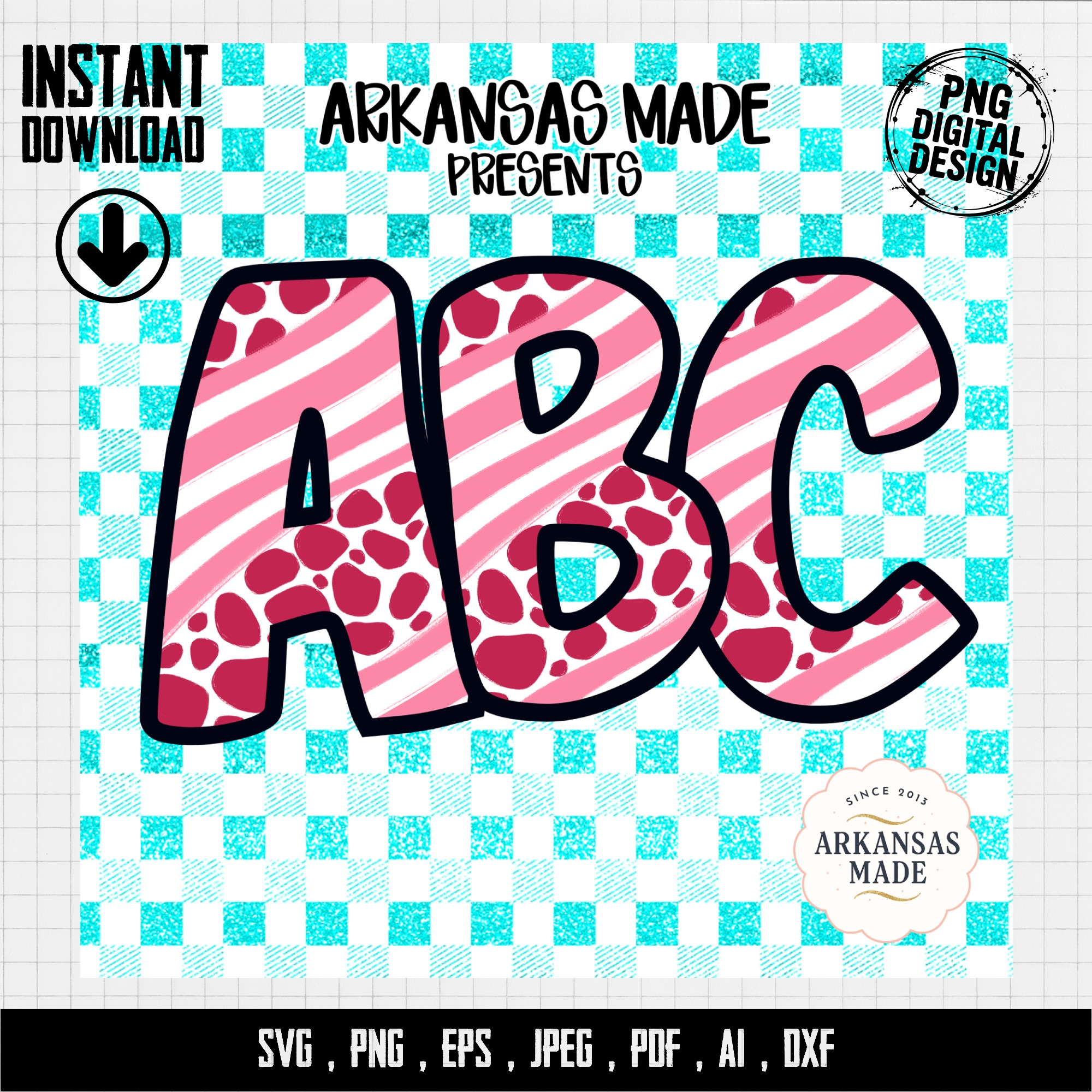 Digital, Pink Striped Abstract Spotted Full A-Z Alpha, Aqua Glitter Gingham Check, Sublimation DTF PNGs, Digital Download File, Trendy - Image 4