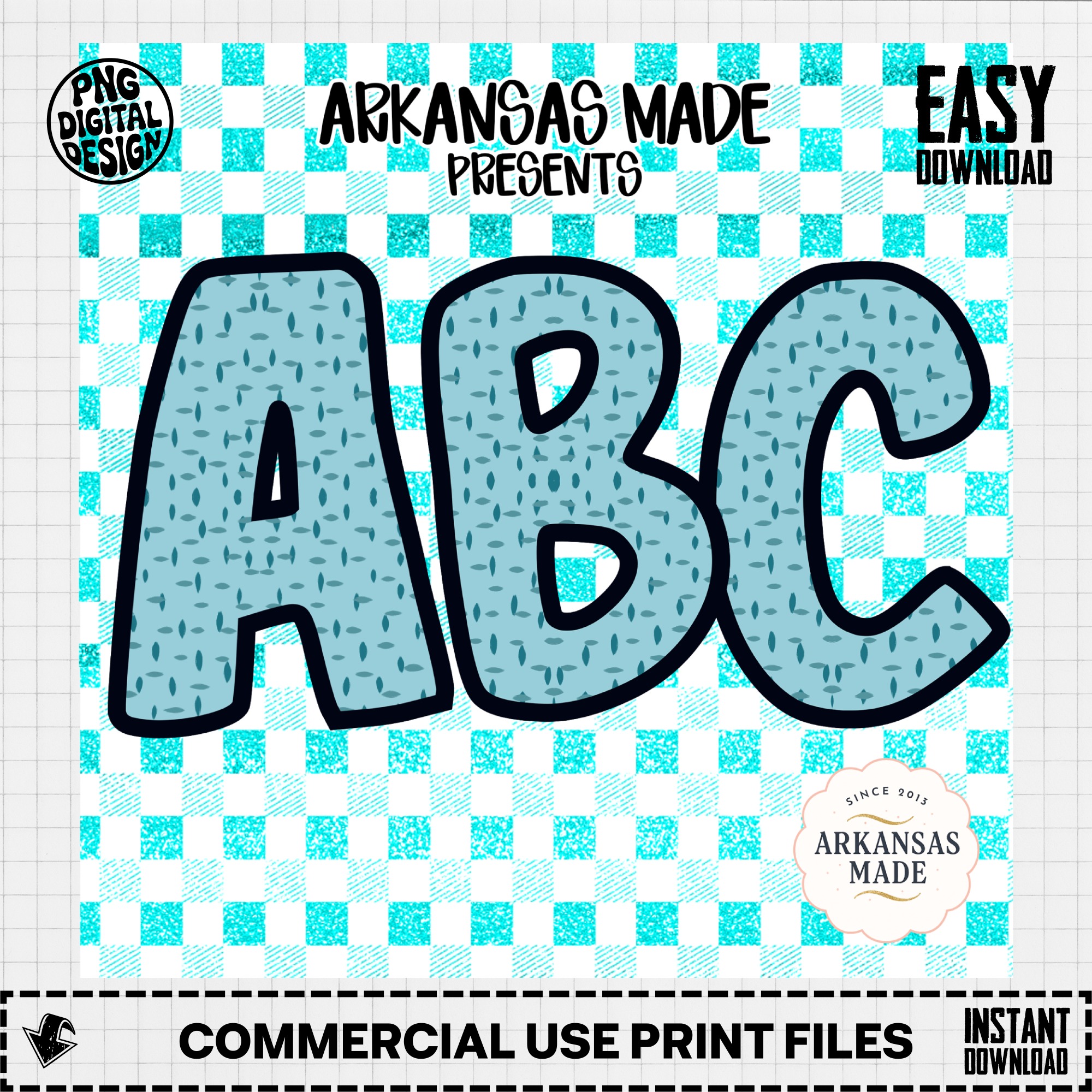Teal Gingham ABC Letters Alphabet, Full A-Z Alpha Digital Download, Sublimation DTF PNGs Bundle, Nursery Decor, Crafting Font, Instant - Image 3