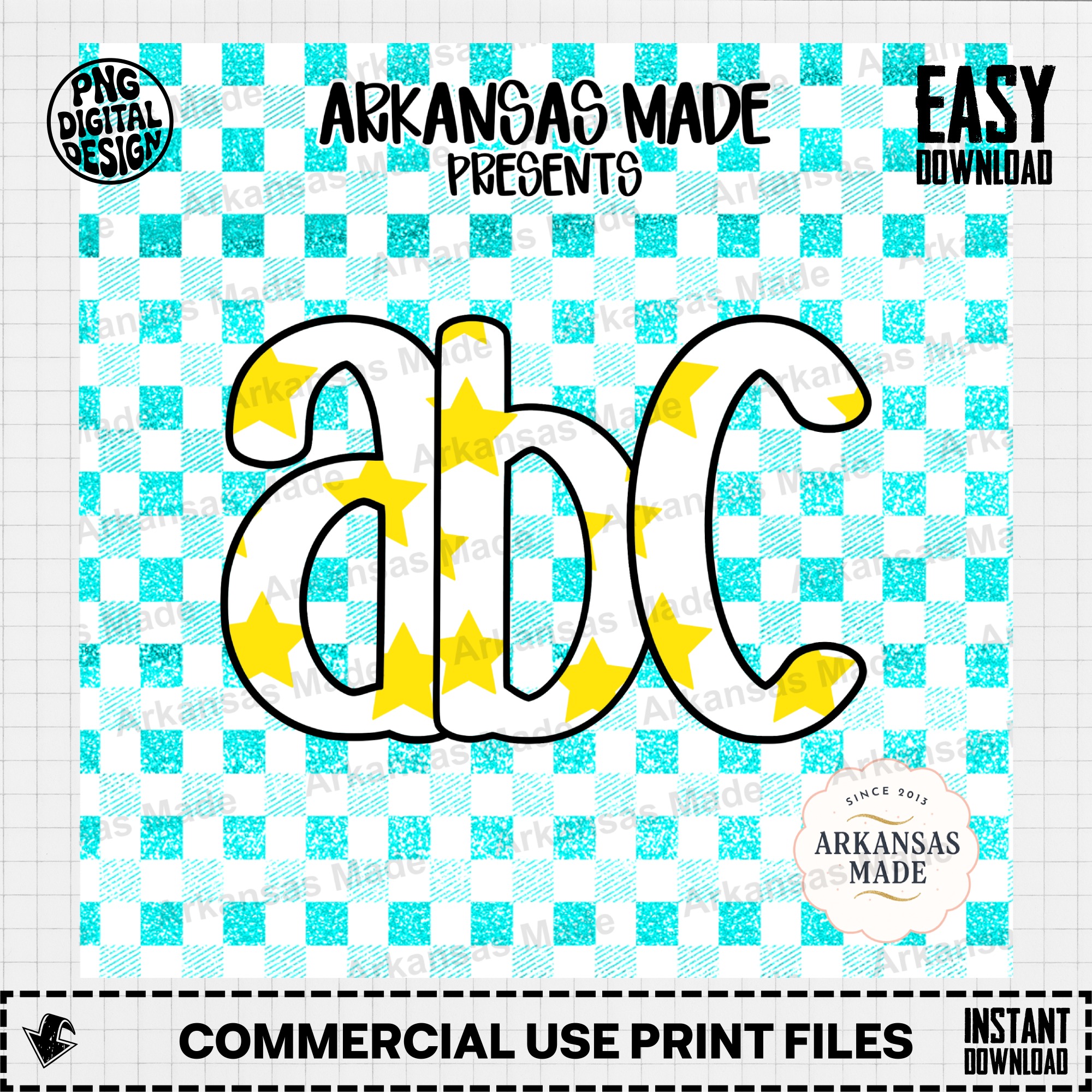 Digital Download Alpha Set | Faux Glitter Teal Gingham Star ABC Letters | Playful Teacher Clipart | Instant Download Nursery Decor - Image 2