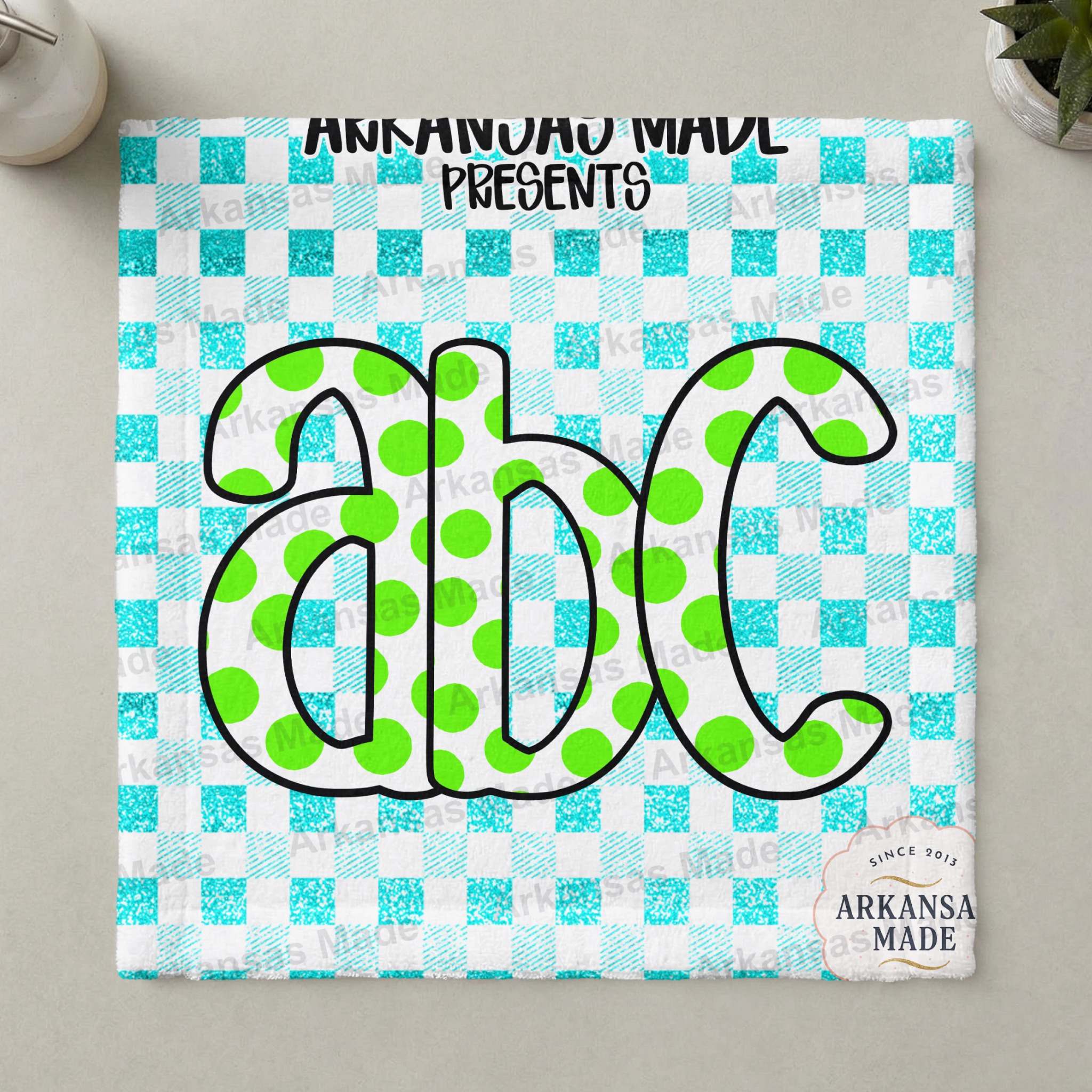 Playful Polka Dot ABC Digital Download Alpha Set - Vibrant Lime Green Polkadots & Faux Teal Glitter Gingham Font - Image 3
