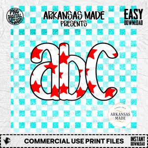 Star ABC Alphabet Digital Download Alpha Set, Red Stars Letters Clipart, Faux Glitter Gingham Teal PNG, Teacher Kids Craft DIY
