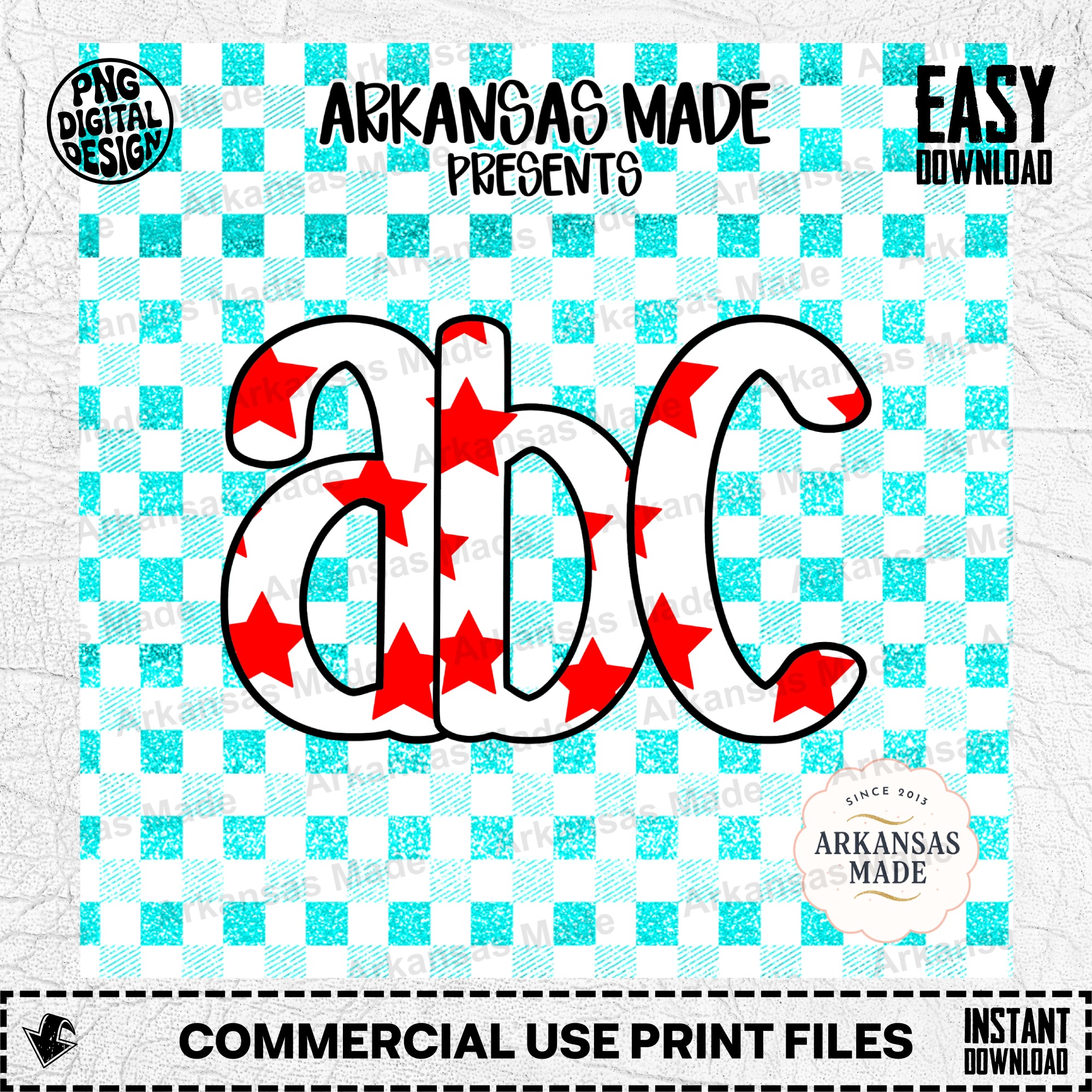 Star ABC Alphabet Digital Download Alpha Set, Red Stars Letters Clipart, Faux Glitter Gingham Teal PNG, Teacher Kids Craft DIY