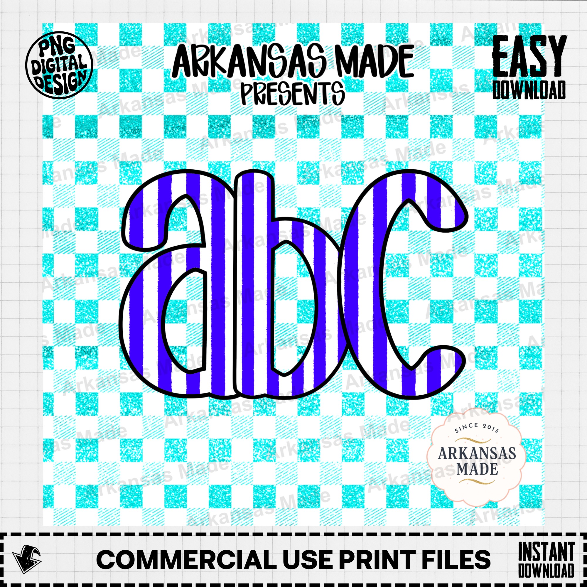 Blue Striped ABC Letters Digital Download Alpha Set | Faux Glitter Turquoise Gingham Alphabet Clipart PNG for Teachers - Image 2