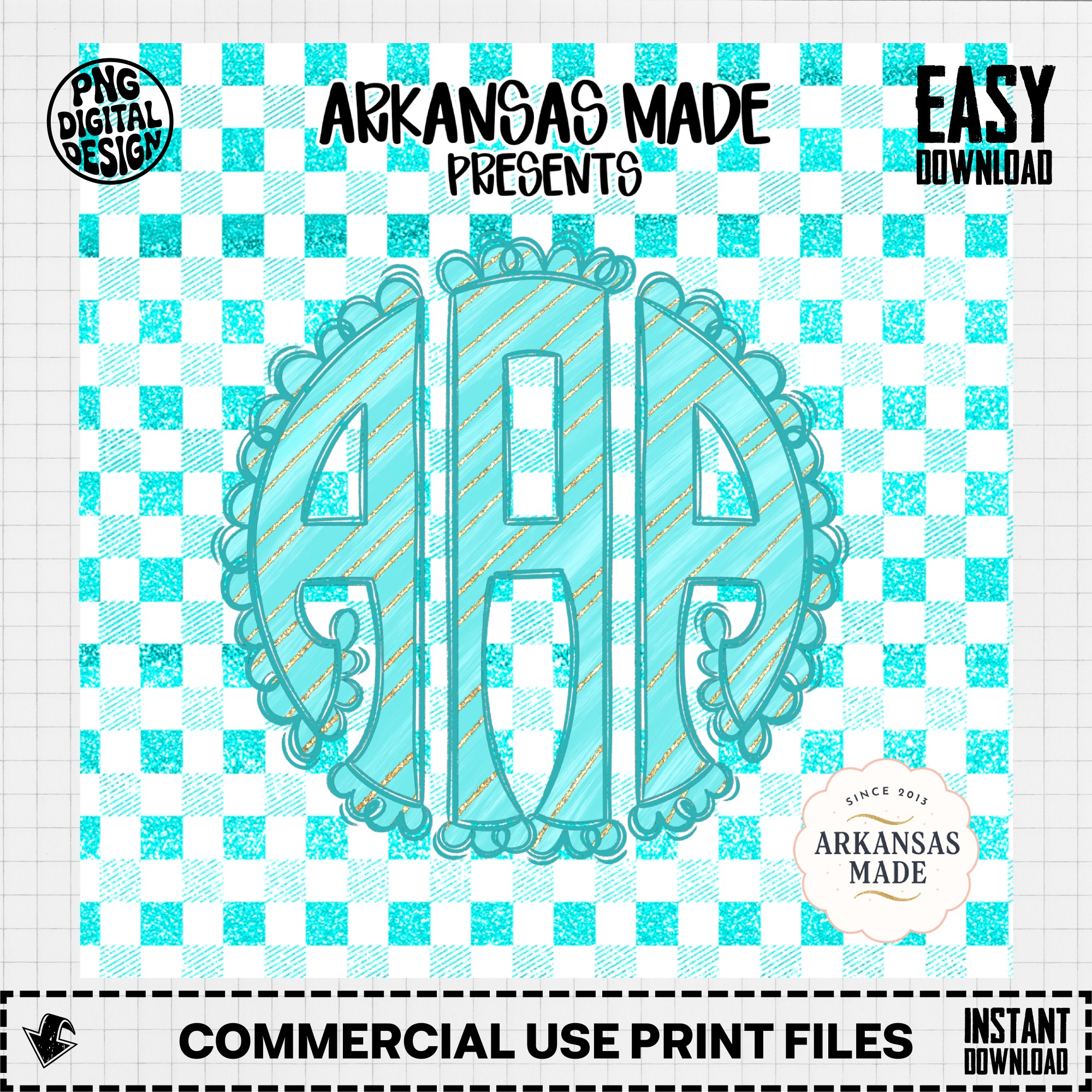 Teal Painted Glitter Scallop Monogram Sublimation PNG, DTF Digital Download, Buffalo Plaid Gingham Initial Custom Design - Image 3