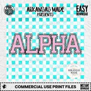 Digital Download Alpha Set | Pink Gingham Collegiate Letters | Varsity Greek Sorority Font | Faux Teal Glitter Pattern PNG | Craft File