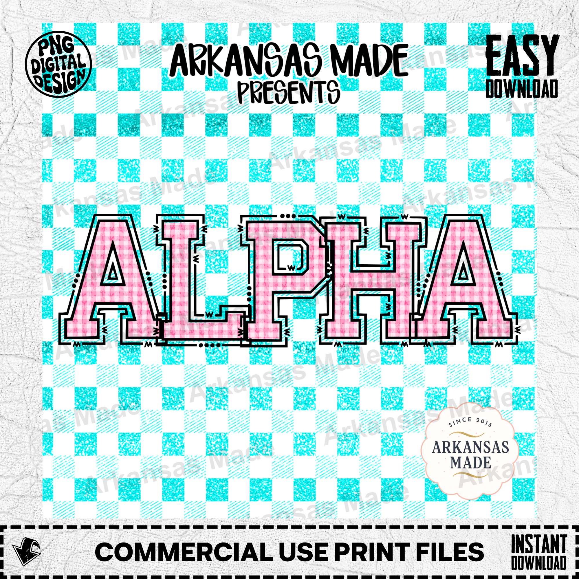 Digital Download Alpha Set | Pink Gingham Collegiate Letters | Varsity Greek Sorority Font | Faux Teal Glitter Pattern PNG | Craft File