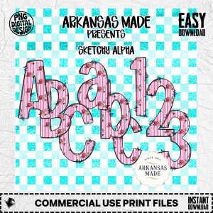 Sketchy Alpha Digital Download Set Pink Floral Stripes | PNG Letters & Numbers | Turquoise Gingham Sublimation Craft Font
