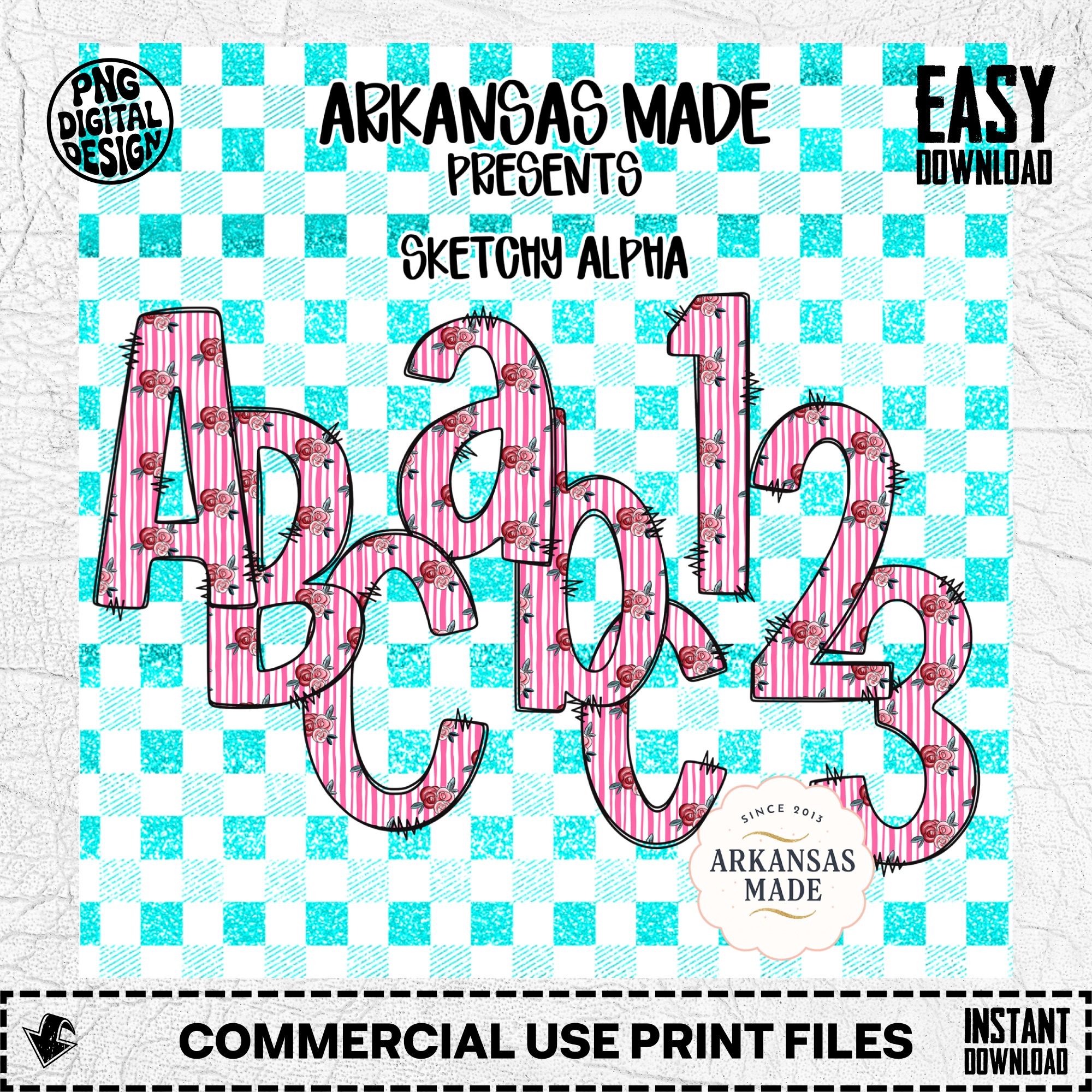 Sketchy Alpha Digital Download Set Pink Floral Stripes | PNG Letters & Numbers | Turquoise Gingham Sublimation Craft Font