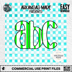 Green Stripe Alphabet Digital Download Alpha Set, Turquoise Gingham Faux Glitter PNG, ABC Clipart for Kids & Teachers