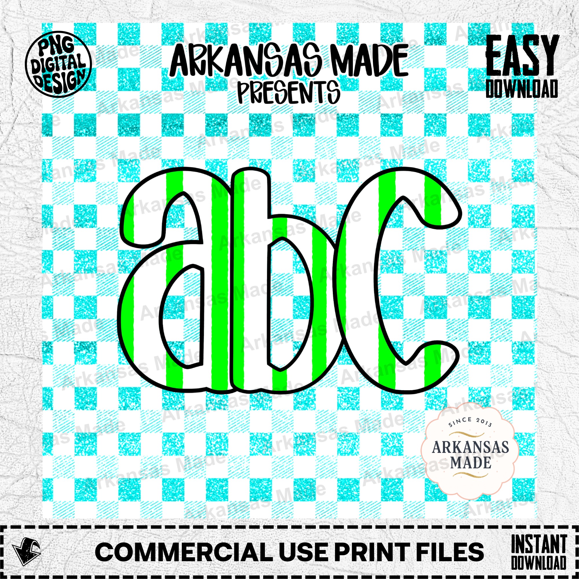 Green Stripe Alphabet Digital Download Alpha Set, Turquoise Gingham Faux Glitter PNG, ABC Clipart for Kids & Teachers