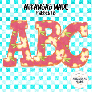 Floral Alphabet Digital Download, Full A-Z Alpha Sublimation DTF PNGs, Pink Floral Letters, Turquoise Gingham Plaid, Cute ABC Pack, Instant