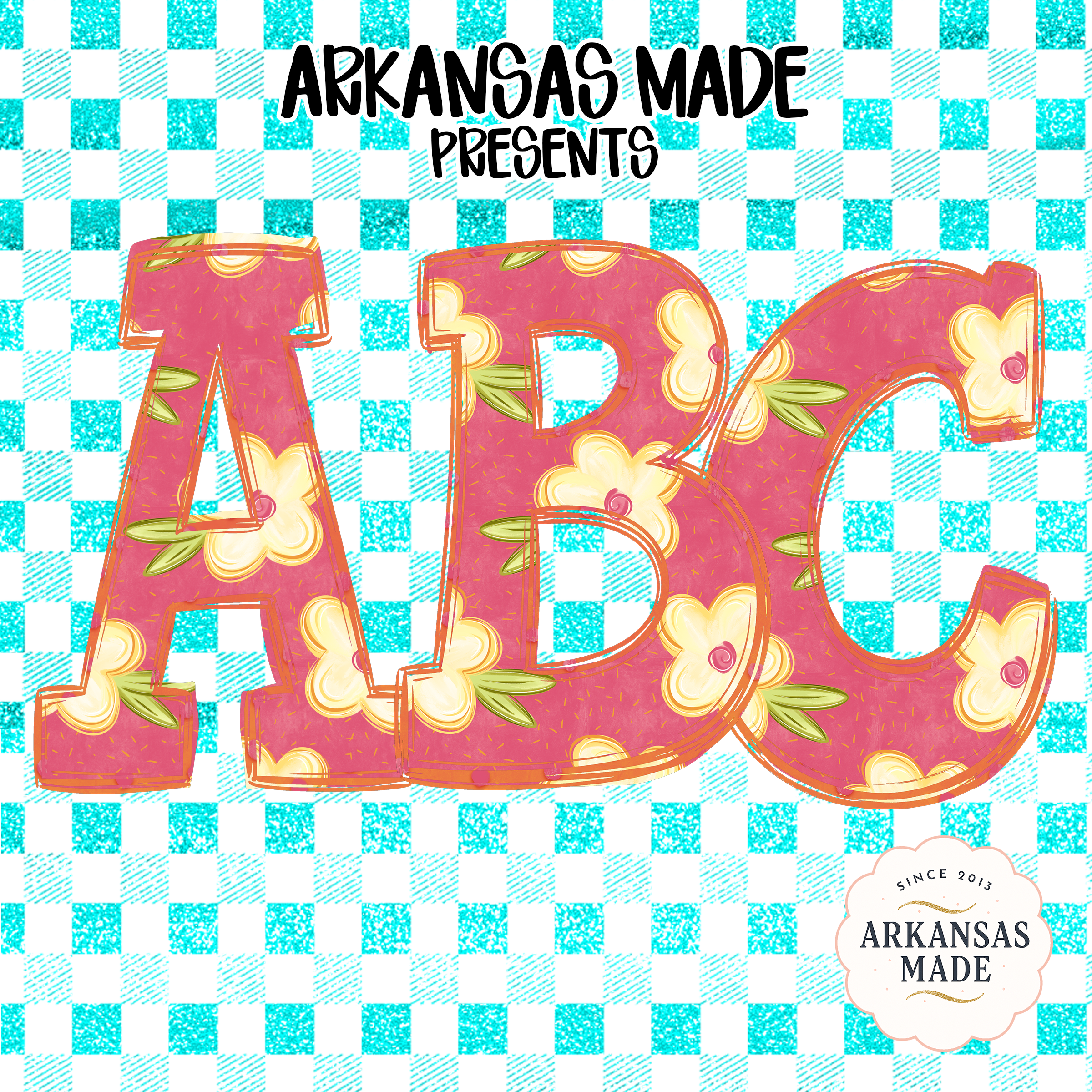 Floral Alphabet Digital Download, Full A-Z Alpha Sublimation DTF PNGs, Pink Floral Letters, Turquoise Gingham Plaid, Cute ABC Pack, Instant