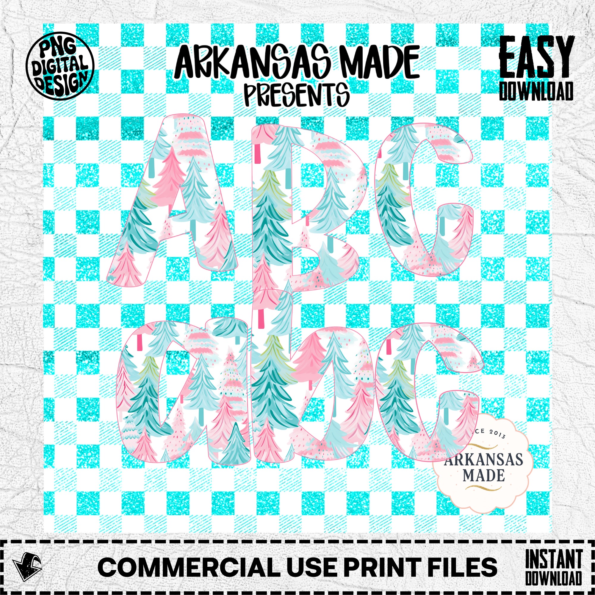Digital, Digital Download Full A-Z Alpha, Sublimation DTF PNGs, Pastel Christmas Trees Alphabet, Winter Teal Pink Plaid Glitter Letters - Image 2