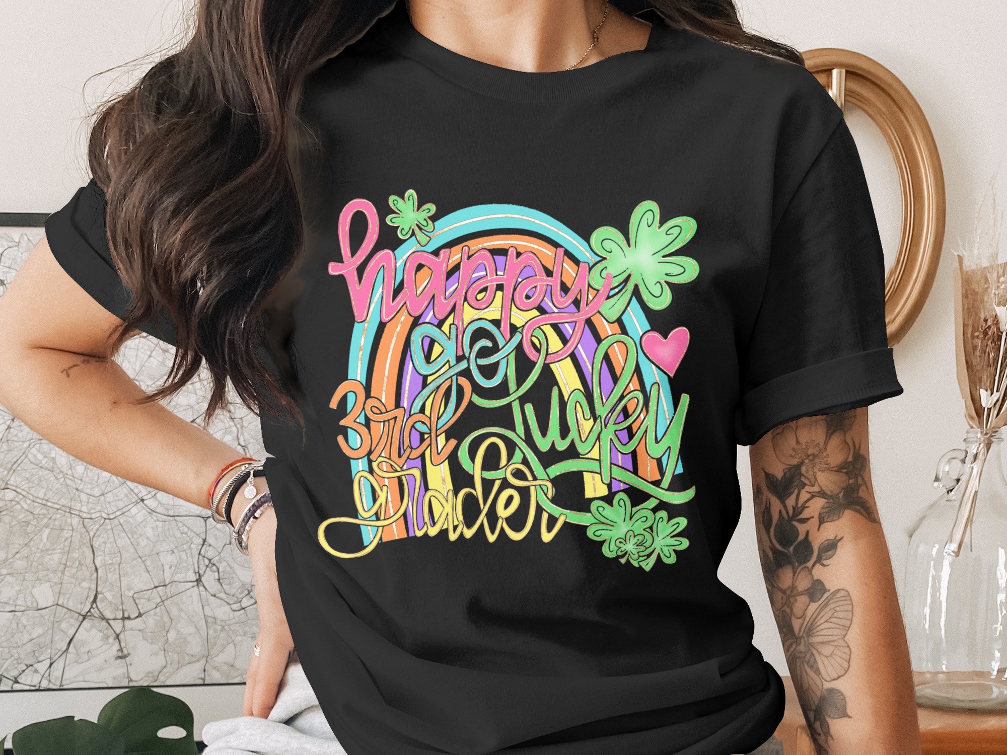 Happy Go Lucky 3rd Grader PNG, St Patricks Day Rainbow Clover Digital Download, DTF Sublimation Design, School Teacher Shirt - Image 2