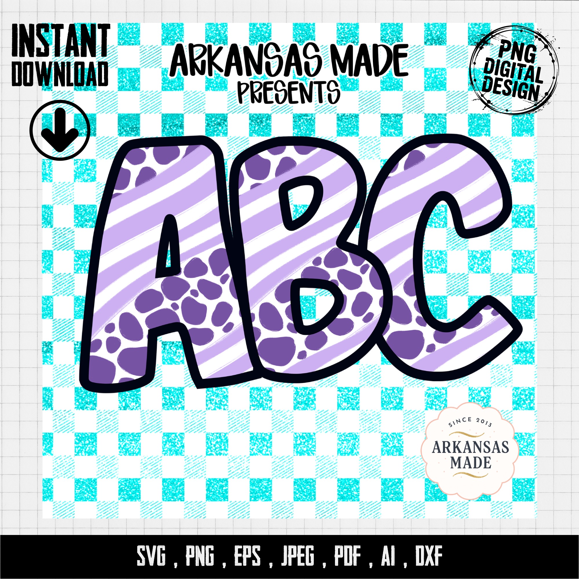 Digital A-Z Alphabet, Full Letters Bundle, Sublimation DTF PNGs, Teal Checkered Animal Print Stripes, Instant Download, Graphic Design - Image 4