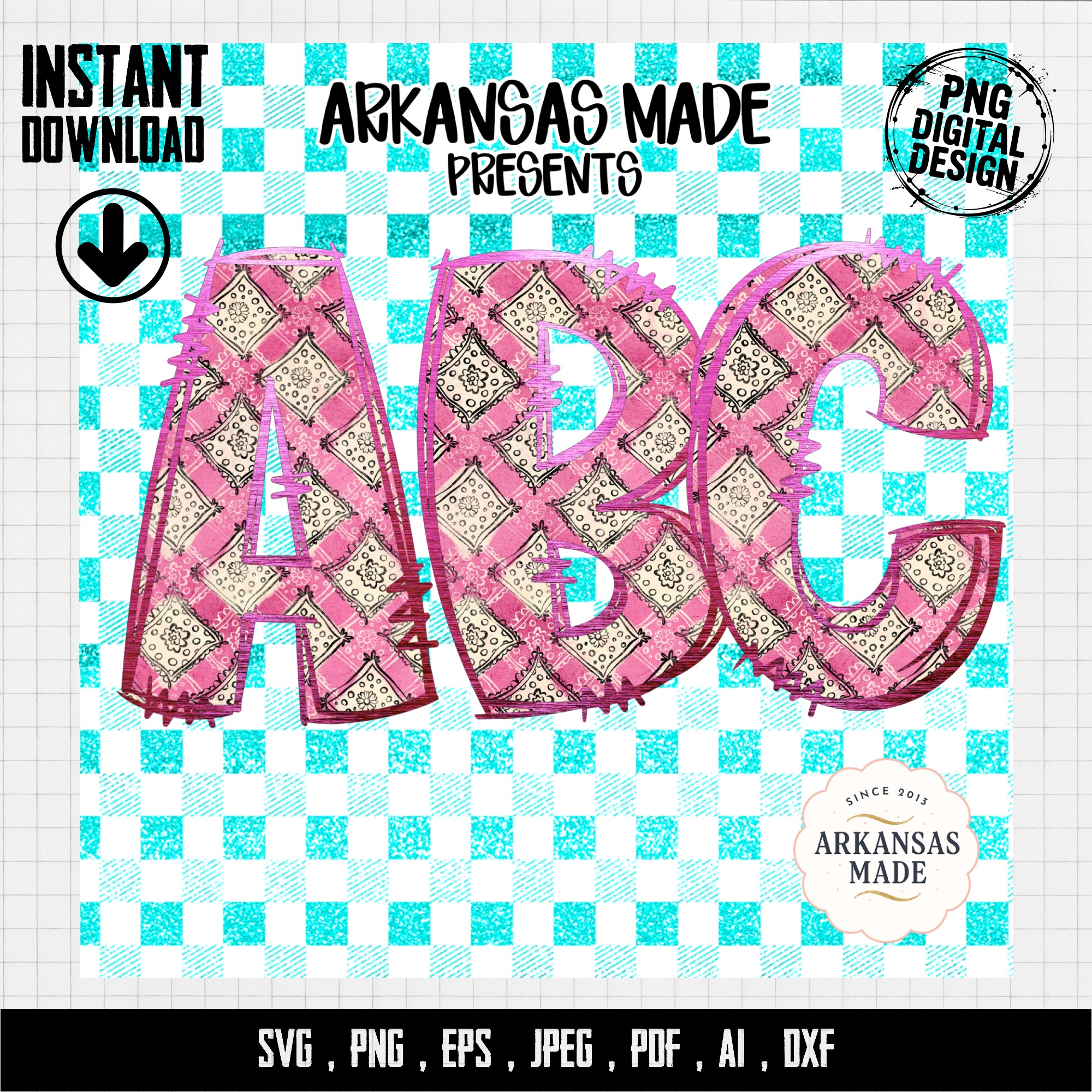 Pink Bandana Alphabet PNG, Teal Gingham Distressed Alpha, Full A-Z Digital Download, Sublimation DTF Letters, Shabby Chic - Image 4
