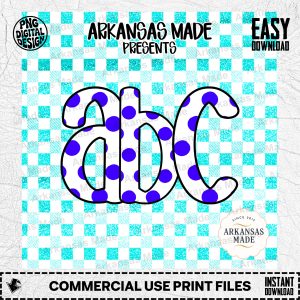 Blue Polka Dot Digital Alpha Set, Faux Glitter Teal Gingham Alphabet Clipart, Printable Letters PNG, Crafting Supply, Nursery Decor
