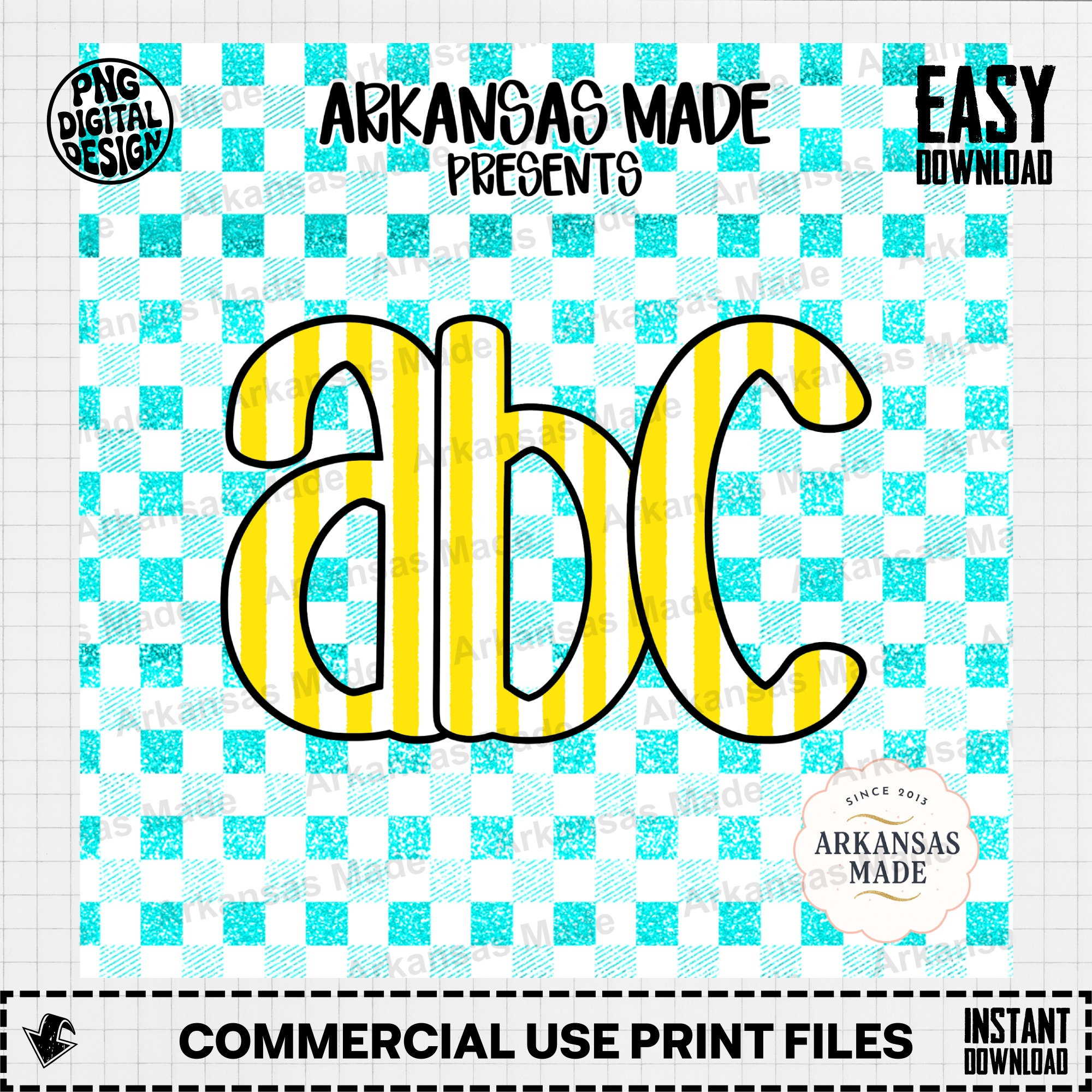 ABC Alphabet Digital Download Set, Yellow Striped Letters PNG, Faux Glitter Teal Gingham Clipart Bundle - Image 2