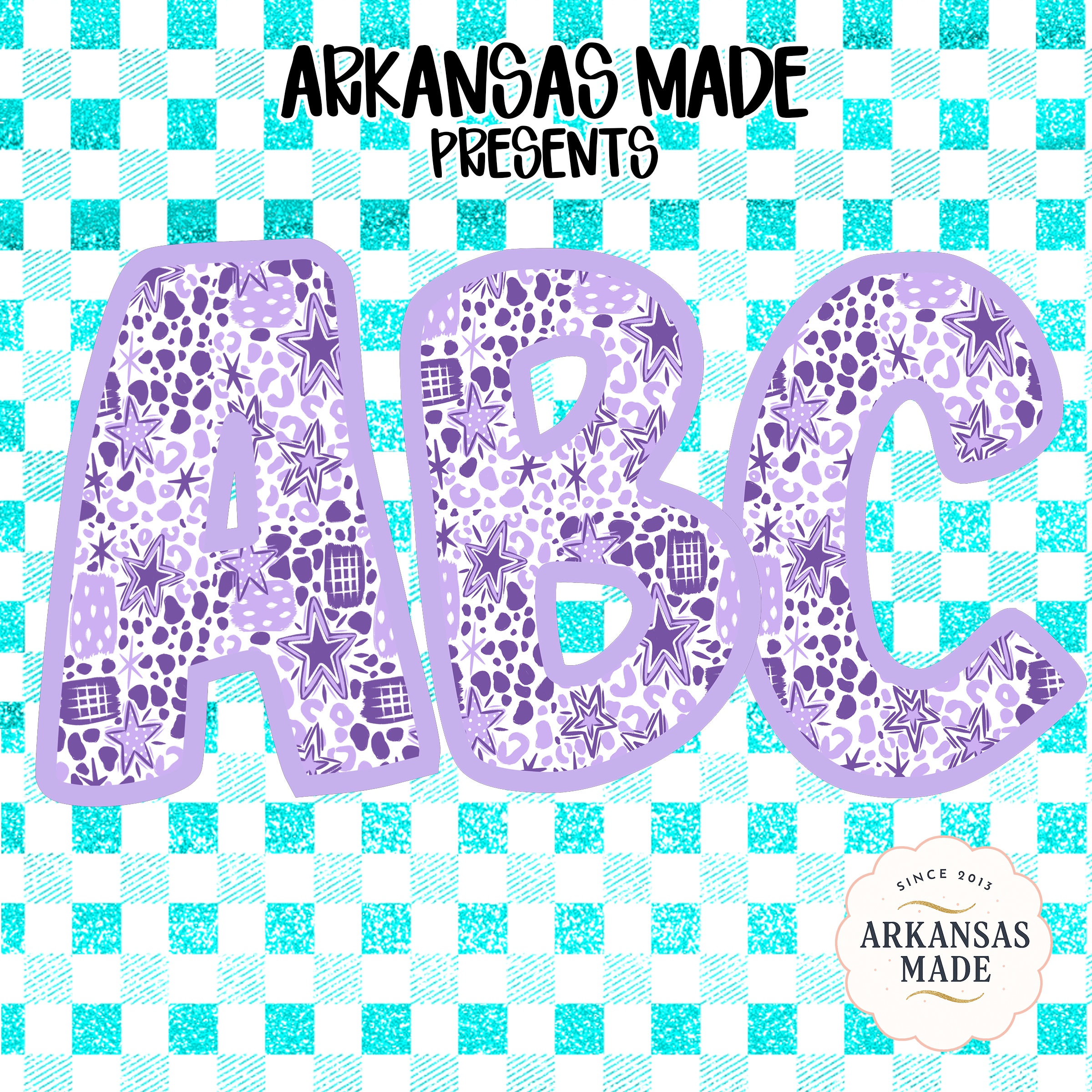 Purple Leopard Star Alphabet, Glitter Aqua Checkered Background, Digital Download Full A-Z Alpha, Sublimation DTF PNGs, Instant Art