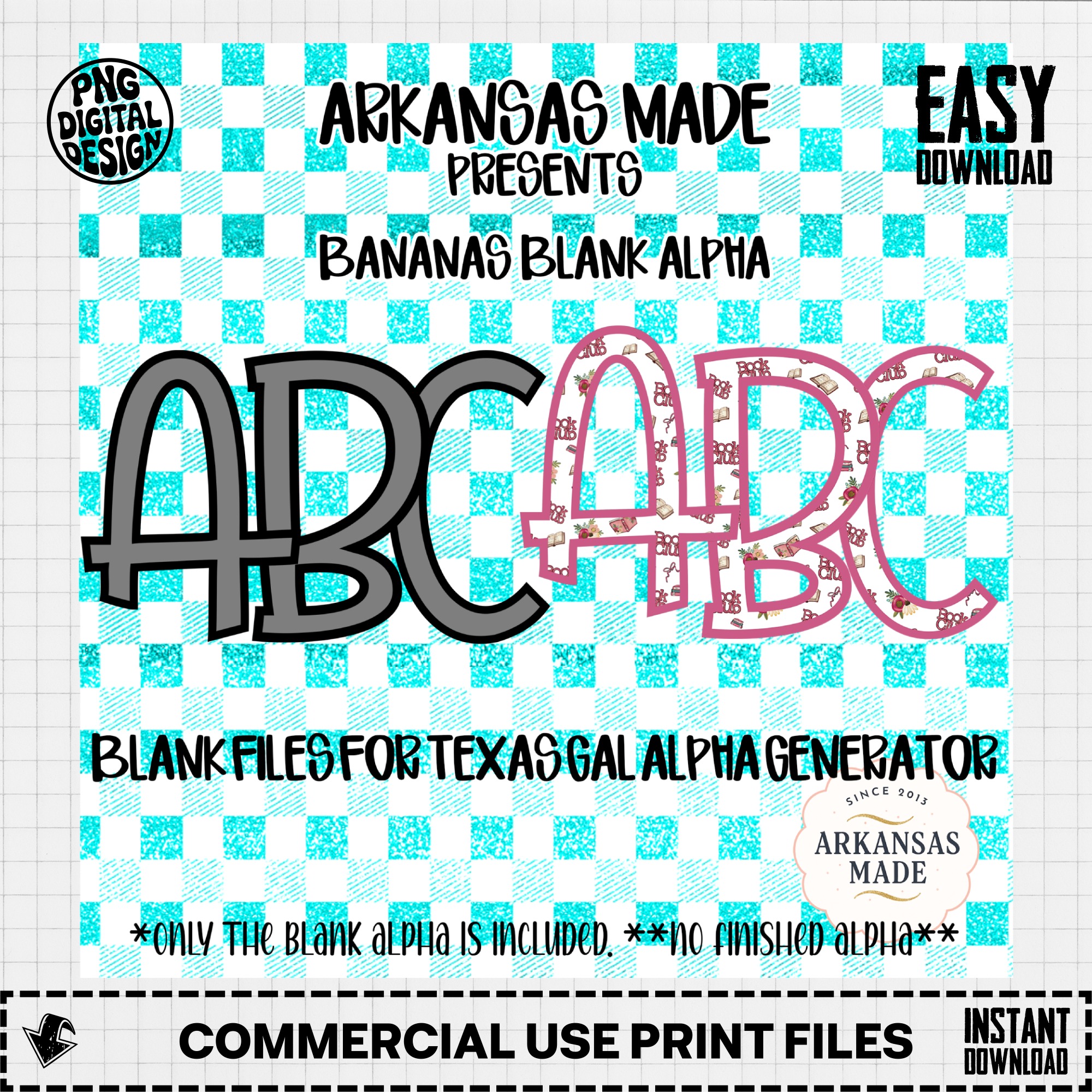 Bananas Blank Alpha Digital Download, Sublimation PNG, DTF Blank File, Texas Gal Generator, Custom Letters, Teal Gingham - Image 2