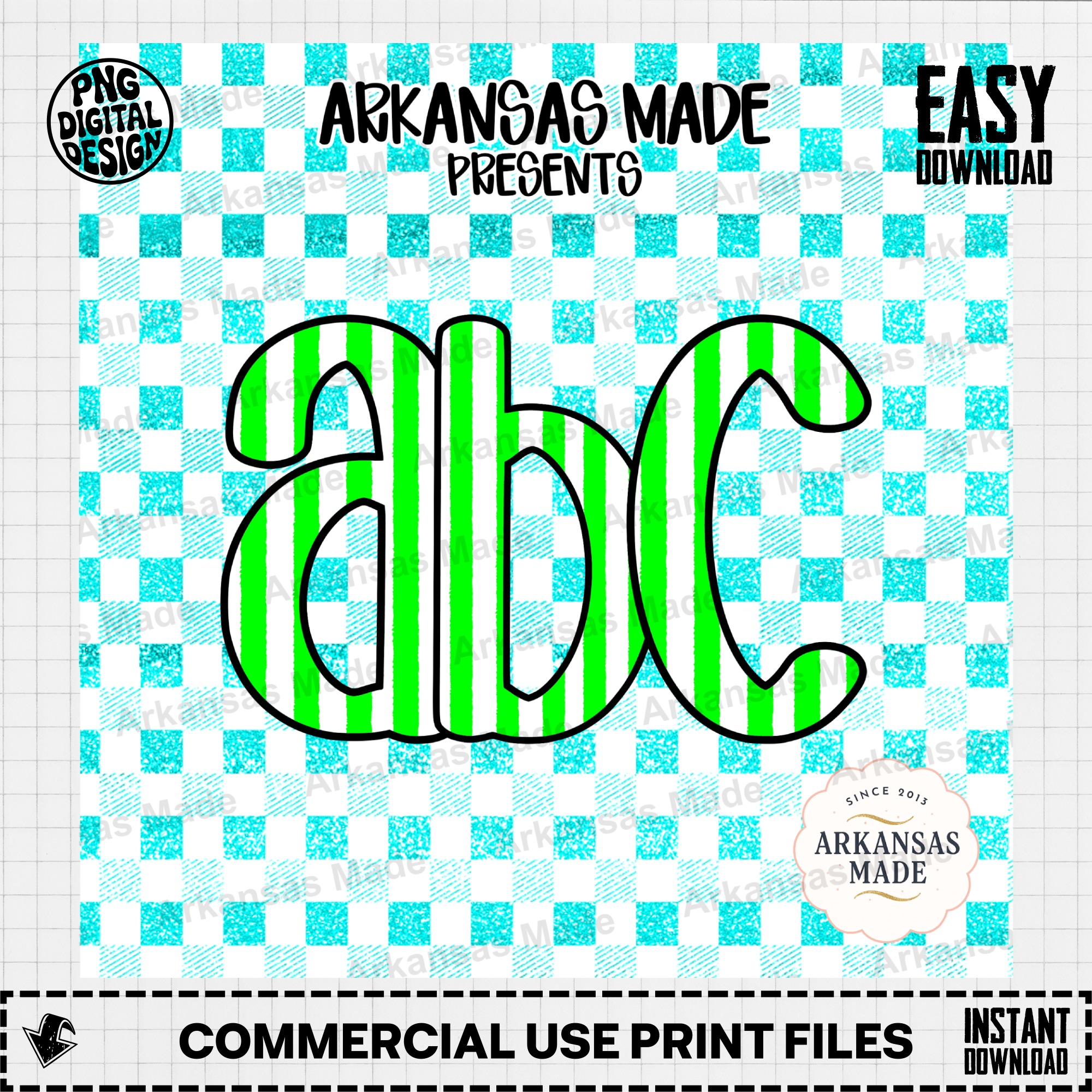 Green Striped ABC Digital Download Alpha Set - Teal Gingham Faux Glitter Alphabet Clipart for Teachers & Crafters - Image 2