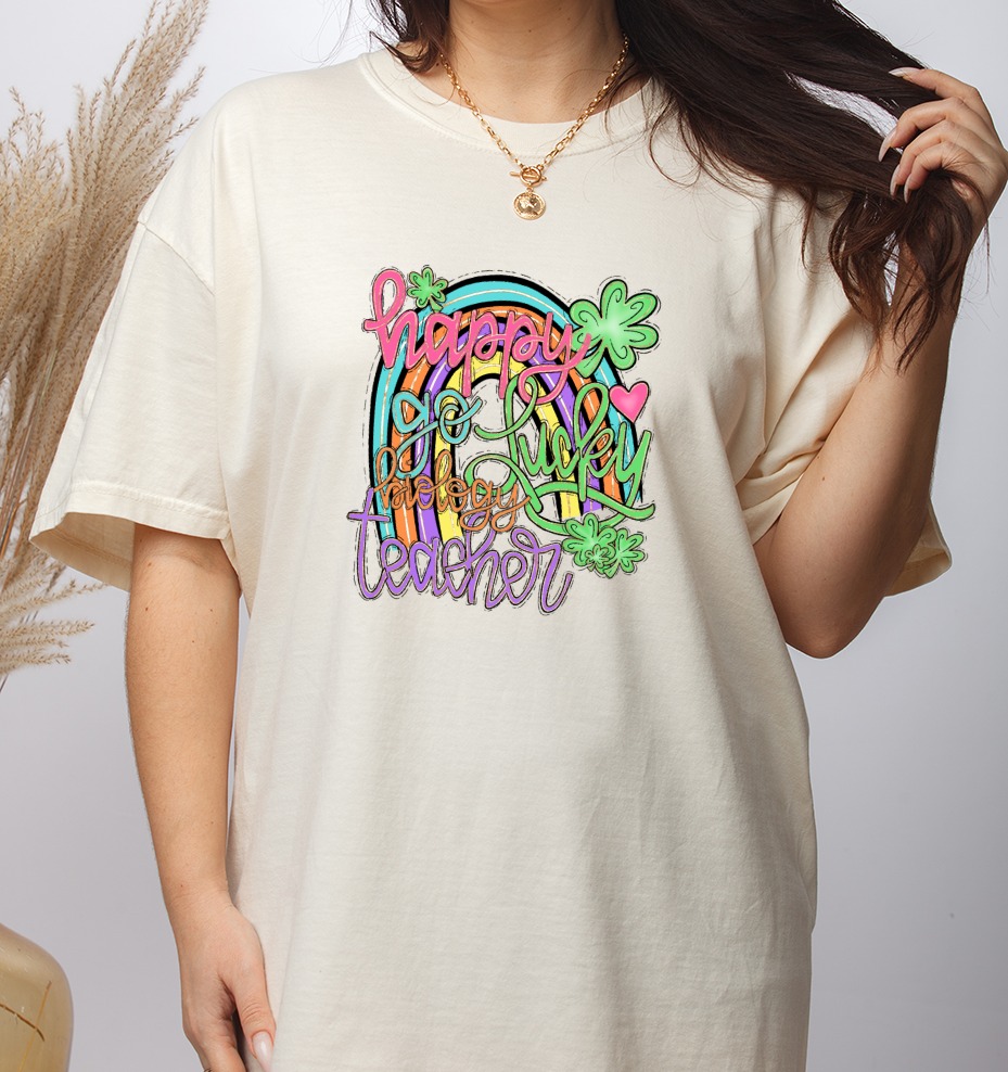 Happy Go Lucky Biology Teacher T-Shirt, St. Patrick's Day PNG, Rainbow Shamrock Digital Download, Teacher Life Tee, Lucky Clover Gift - Image 2